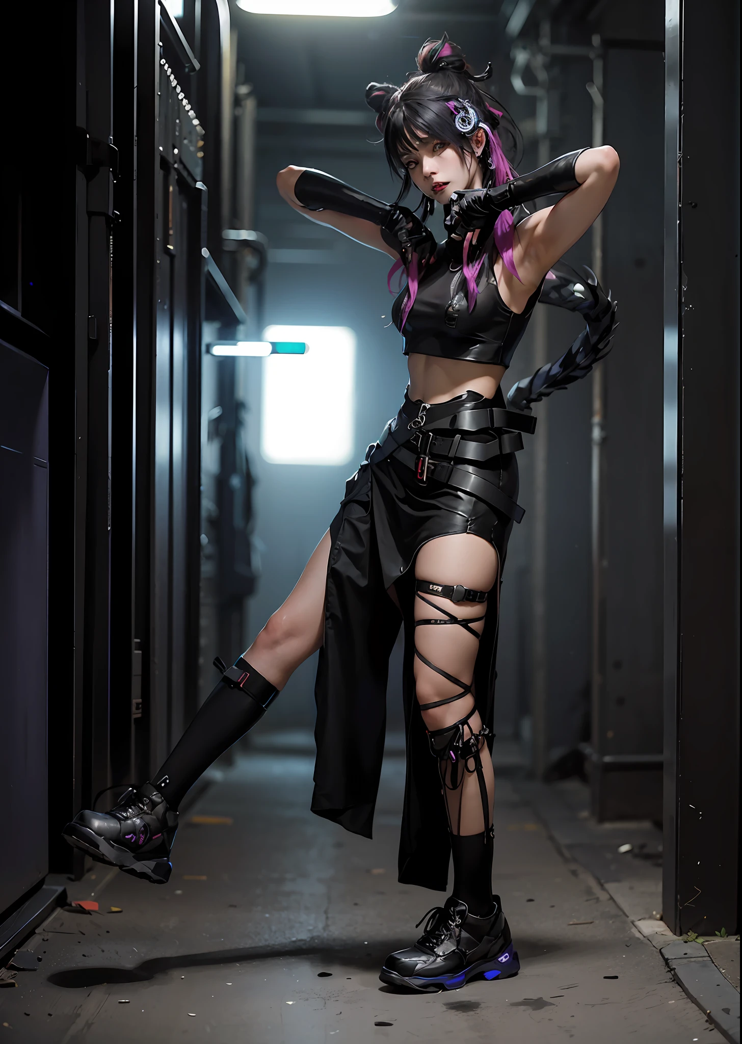 araffe dressed in a skirt and boots posing for a picture, cyberpunk style outfit, cyberpunk fashion clothing, photograph of a techwear woman, cyberpunk outfit, wild rave outfit, wearing japanese techwear, cyberpunk fashion clothes, cyberpunk clothes, cyberpunk outfits, anime vtuber full body model, angry high moral sexy werewolf, full body with costume, muted cyberpunk style