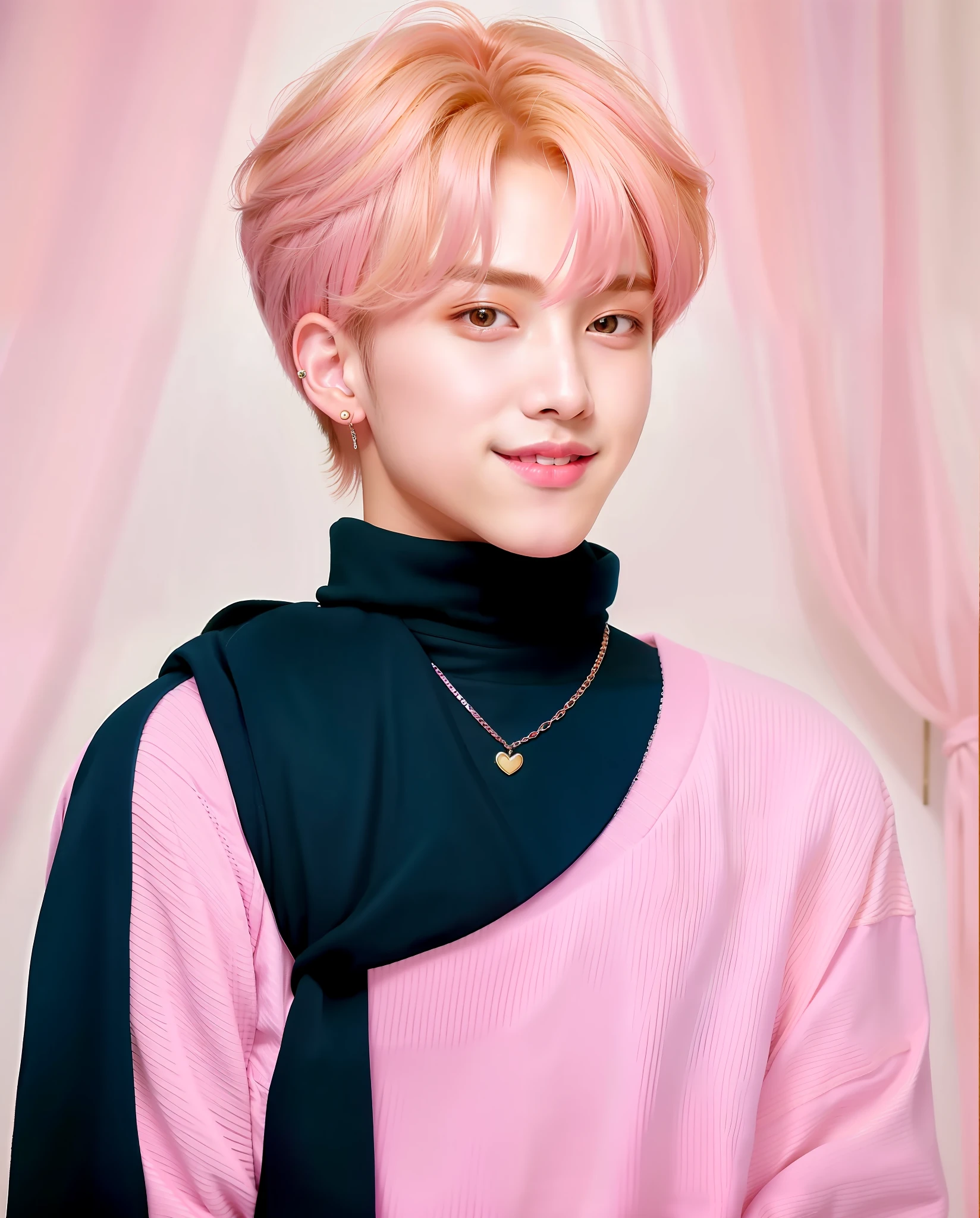 a young man with a pink outfit, blonde hair, Wearing pink clothes, with a black choker in His neck, kim doyoung, cute boy, 1boy,park Jimin, cai xukun, jinyoung shin, male ulzzang, hong june hyung, inspired by jeonseok lee, hyung tae, portrait of kpop idol, an adorable korean face, yanjun chengt, happy, heart symbol, 8k, 16k, raw photography, masterpiece, uhd, sexy smile, blush cheeks, male idol, flat chest, curly hair