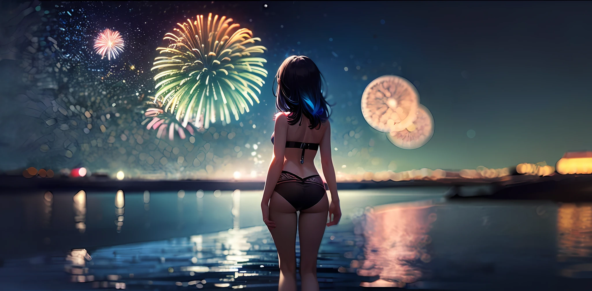 Vast night sky pictures,((Top quality:1.4),(Unparalleled masterpiece),Night Sky: 1.4,(Fireworks: 1.4, Aerial Fireworks: 1.4), highly detailed 8k CG unit,,Bokeh,Depth of field,, Beach, Sea, Volumetric Lighting,(Dynamic Composition: 1.4),Bikini girl standing on the beach, character 0.3, Very detailed, Colorful details, (Iridescent: 1.2), (glow illumination, atmosphere lighting), dreamy, magical, (solo: 1.2),