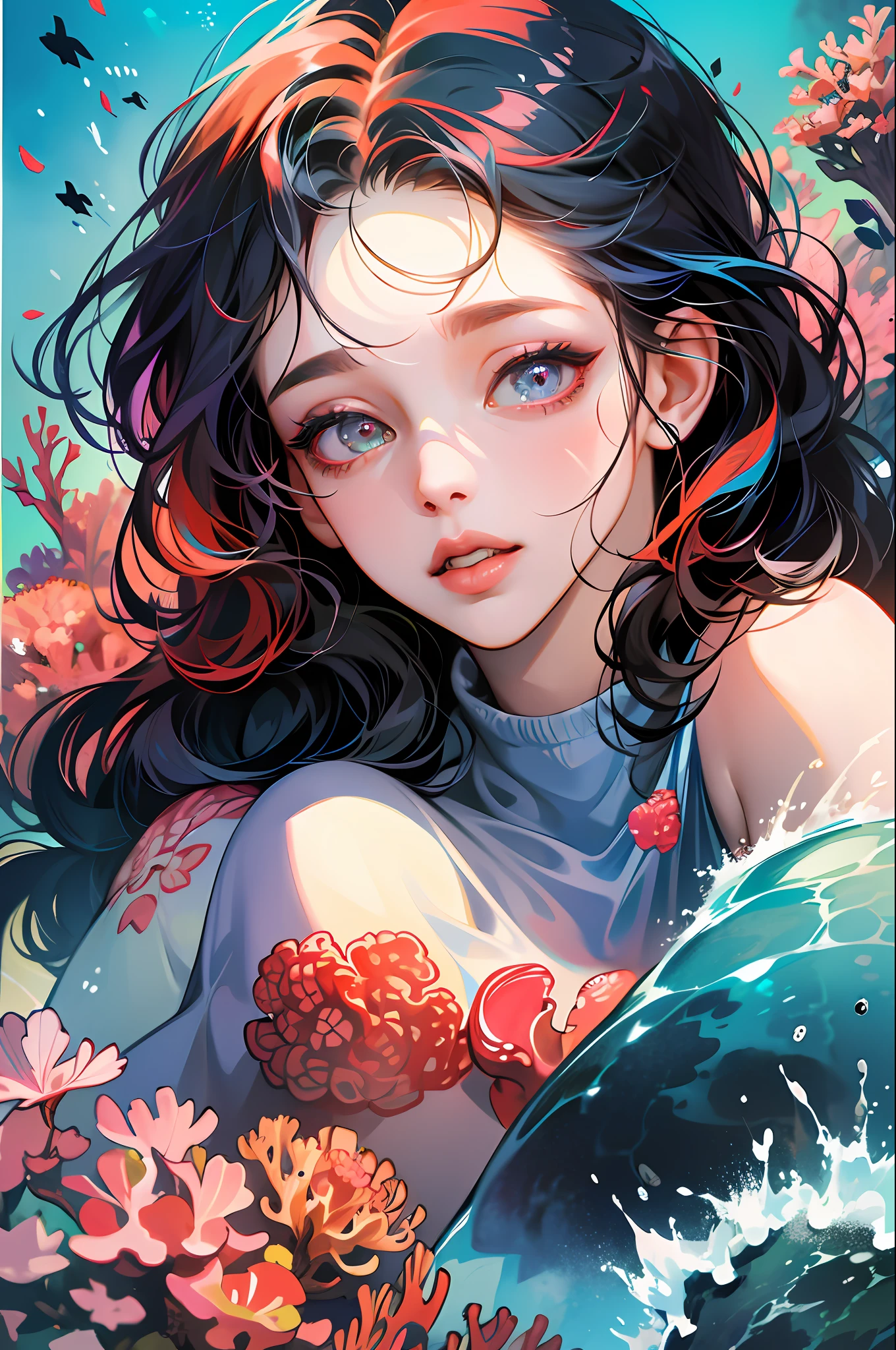 absurdres, highres, ultra detailed, 1girl, solo, extremely detailed eyes, multicolored hair, curly hair, coral eyes, , Diving_underwater_to_view_marine_life,, heavy breathing (panting)