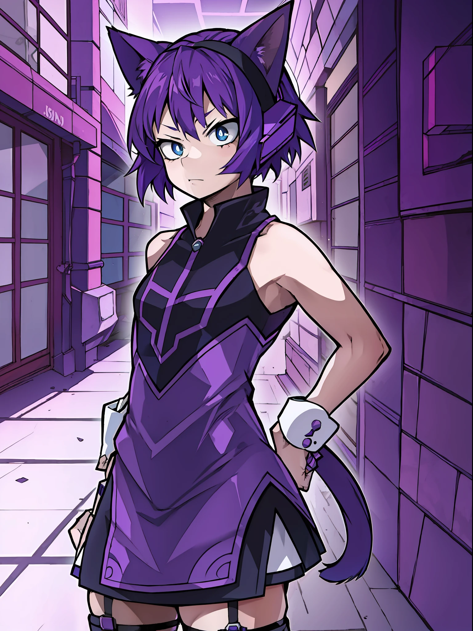 A , Short Hair, Purple Hair, Small Purple Cat Ears, A Purple Cat's Tail, Blue Eyes, Assassin Clothing, Amine Style