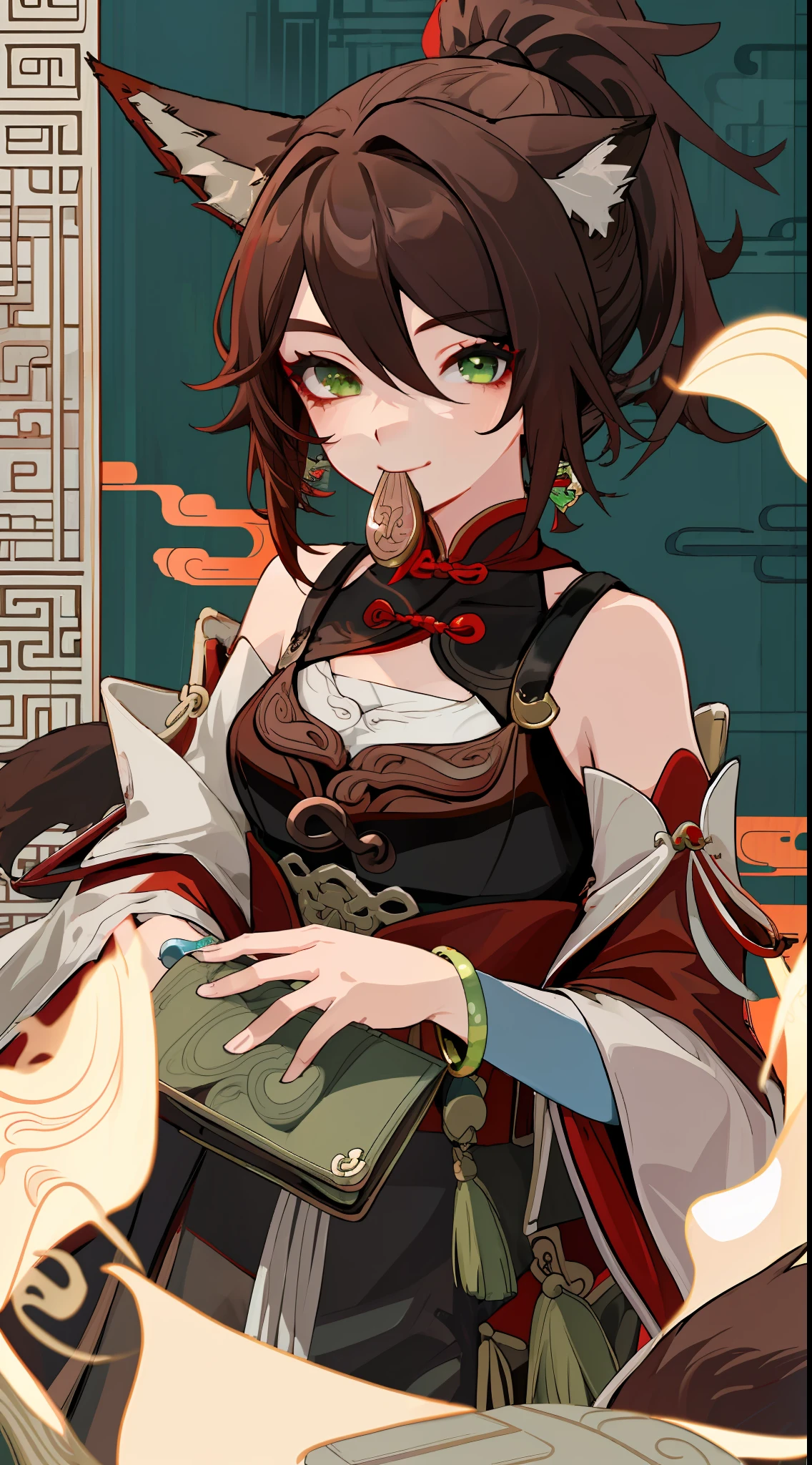 (Masterpiece, Top Quality, Best Quality, Official Art, Beauty and Aesthetics: 1.2), (Flat Color: 1.3), Very Detailed, Detailed Face and Eyes, Cinematic Light, SFW, Anime, Depth of Field, 1 Girl, Seduction Smile, Solo, Official, Brown Hair, Fox Ears, Ponytail, Hair Accessories, Green Eyes, Red Eye Shadow, Jewelry, Split Sleeves, Medium Tits, Dress, Tail, Bracelet, One Tail, Mouth slightly open, Chinese style background, Bling, Wallet, Girl listening wallet,