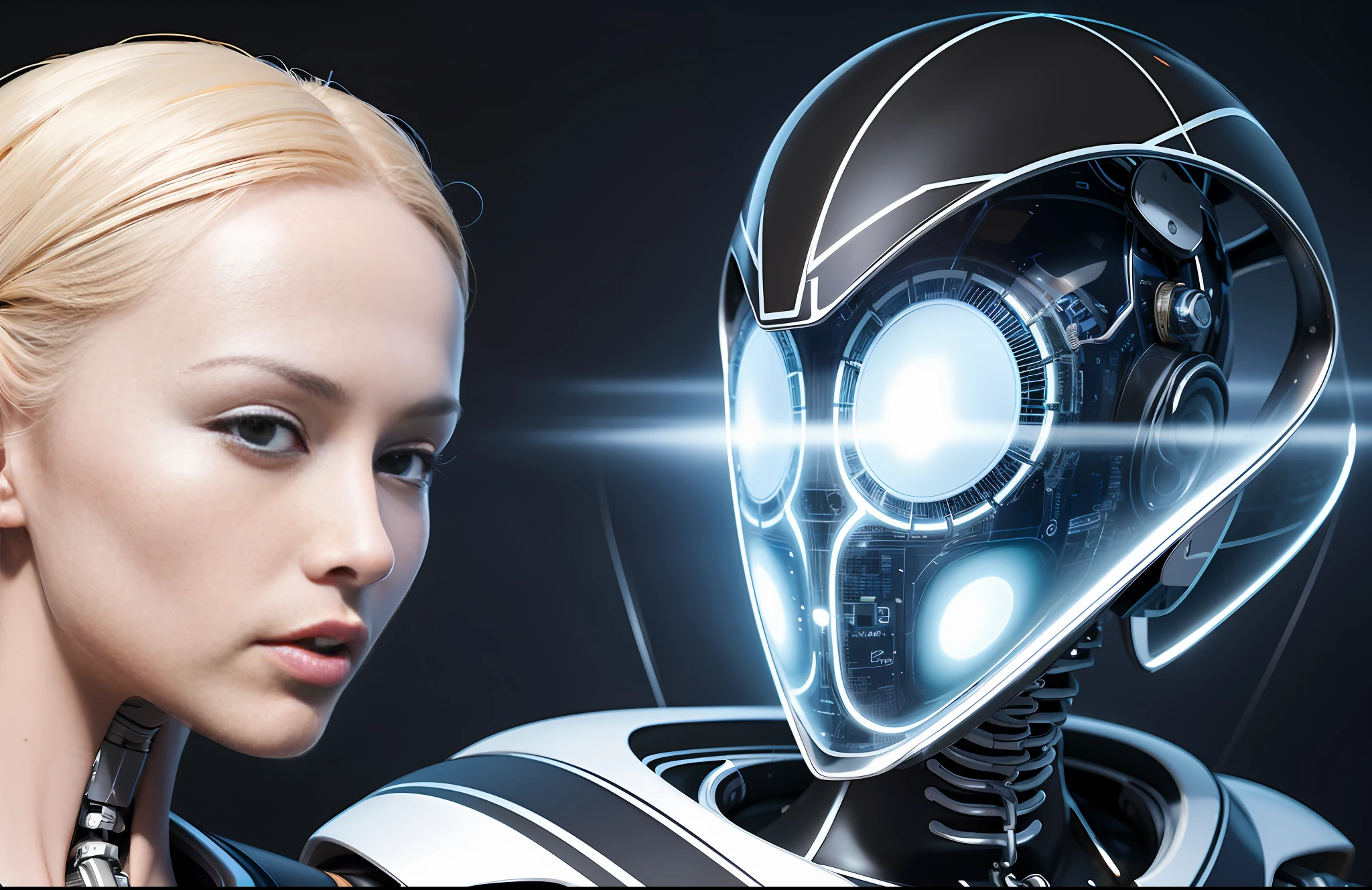 Complex 3D render ultra-detailed beautiful porcelain face profile of android woman, cyborg, robotic parts, 150mm, beautiful studio soft light, edge light, bright details, luxury cyberpunk, lace, hyperrealistic, anatomical, facial muscles, cable, electrical wires, microchip, elegant, beautiful background, octane imaging, HR Giger style, 8k, best quality, masterpiece, illustration, extremely thin and beautiful, extremely detailed, computer graphics, unity, wallpaper, (realistic, photorealistic: 1.37), stunning, finely detailed, masterpiece, best quality, official art, extremely detailed CG unity 8k wallpaper, absurd, incredibly absurd, robot, silver helmet, full body, sedentary