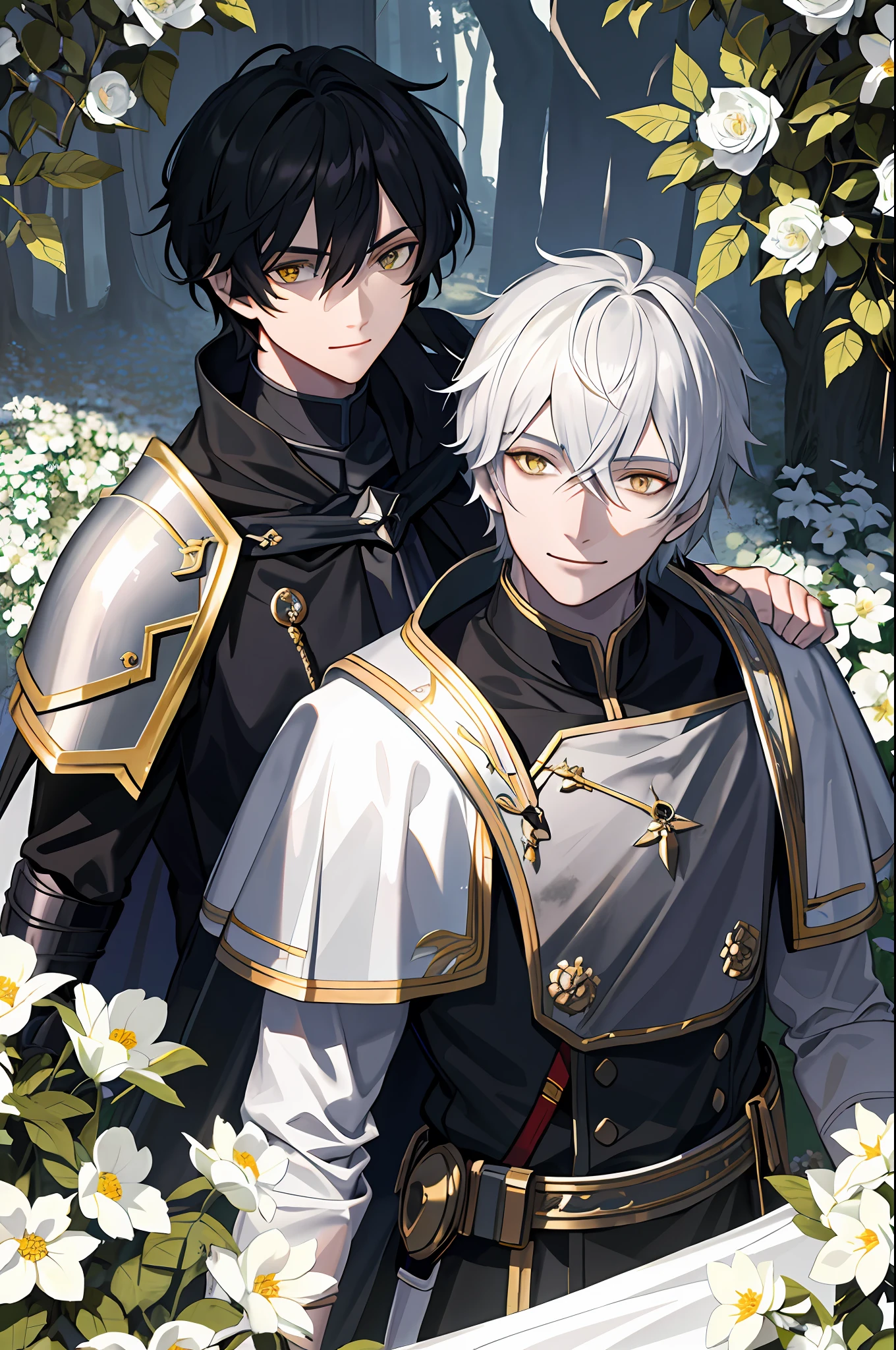 ((Masterpiece: 1.2, best quality)), 2 men, old man, nice middle, muscular, valiant, strong, black knight, golden eyes, short black hair, uniform, white robe, scar on right eye, black armor, fantasy, forest, blooming flowers, sunlight, fantastic light and shadow, landscape, highly detailed face, portrait, smile