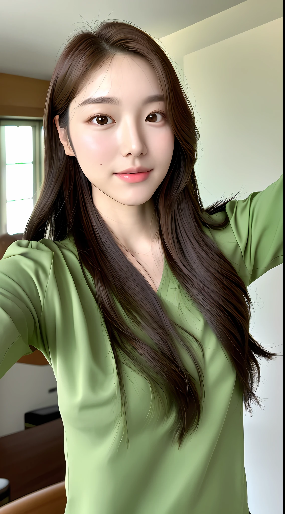 (1 cute Korean star) Shoulder-length hair, light makeup, green shirt, selfie, fron in the house, clear facial features of Canon EOS, realistic photo with 8K high resolution, crisp and vivid details.