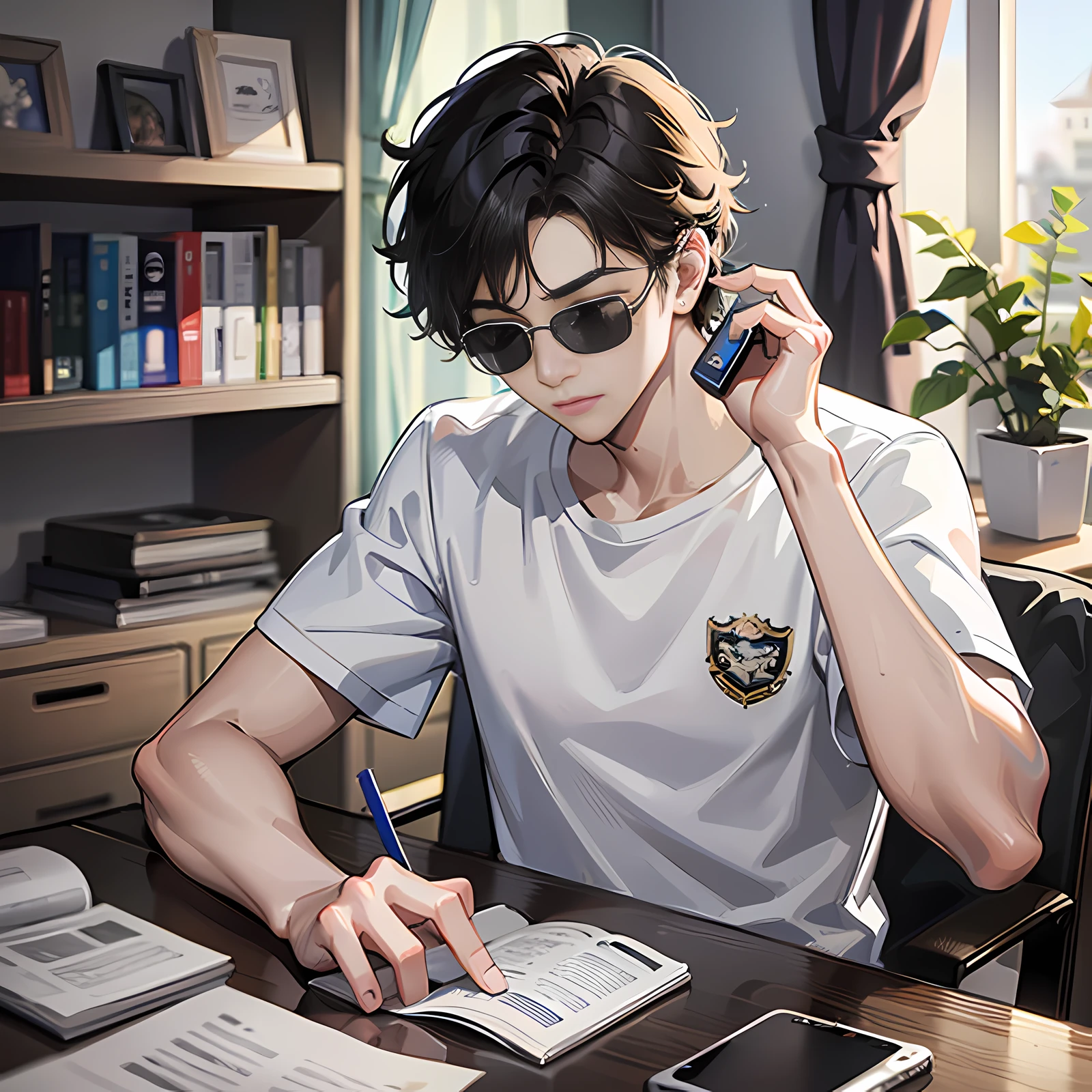 In the dormitory, a handsome boy sits at a desk, eyes closed, with sunglasses, short black hair, white T-shirt and short sleeves, picking up a mobile phone on the phone, 4k, super detail
