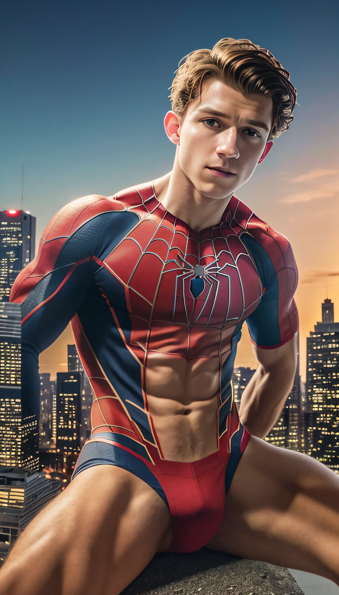 (Professional Photo), Tom Holland in red underwear on top of a building doing the spider-man pose, full body, (Holland), a color photo by Jesse Richards, instagram contest winner, maximalism, beautiful, photography, realistic face, extremely detailed natural texture, peach fuzz, masterpiece, absurdists, nikon d850 film stock photography, kodak portra 400 camera f1.6 lens,  extremely detailed, amazing, fine details, hyper realistic texture, dramatic lighting, unrealengine, trend at artstation, cinestill 800 tungsten, looking at the viewer, realistic photo, RAW photo, TanvirTamim, high quality, highres, sharp focus, extremely detailed, cinematic lighting, 8k uhd,