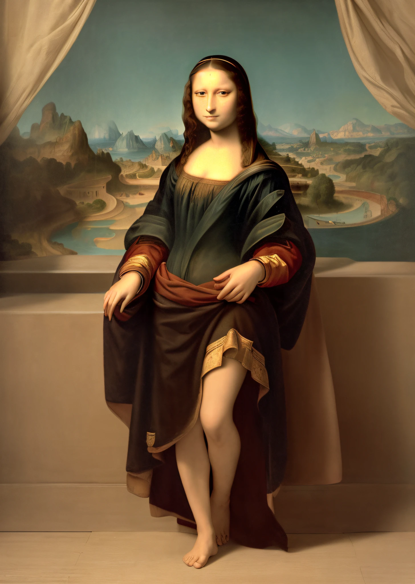 Mona Lisa dressed in fashion, gentle expression, full body portrait, barefoot catwalk, masterpiece, highest quality, high quality, highly detailed CG unit 8k wallpaper, award winning photo, bokeh, depth of field, HDR, flood, chromatic aberration, realistic, very detailed, art station trend, CGsociety trend, complex, high detail, dramatic, midway art, volumetric lighting