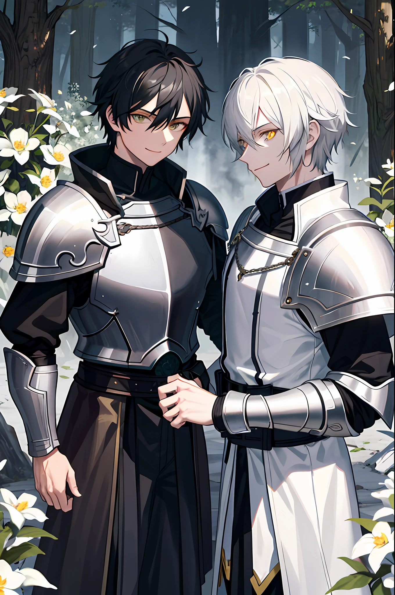 ((Masterpiece: 1.2, best quality)), 2 men, old man, nice middle, muscular, valiant, strong, black knight, golden eyes, short black hair, uniform, white robe, scar on right eye, black armor, fantasy, forest, blooming flowers, sunlight, fantastic light and shadow, landscape, highly detailed face, portrait, smile
