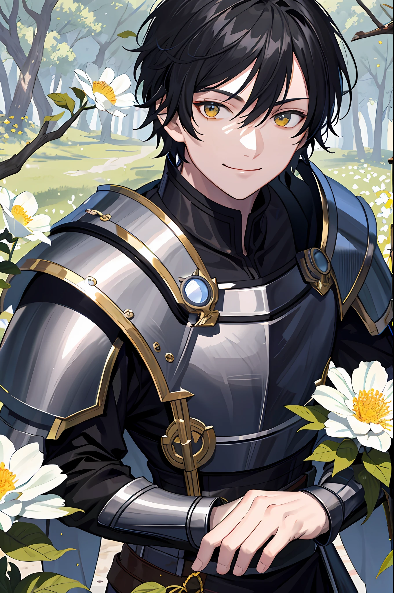 ((Masterpiece: 1.2, best quality)), 2 men, old man, nice middle, muscular, valiant, strong, black knight, golden eyes, short black hair, uniform, white robe, scar on right eye, black armor, fantasy, forest, blooming flowers, sunlight, fantastic light and shadow, landscape, highly detailed face, portrait, smile