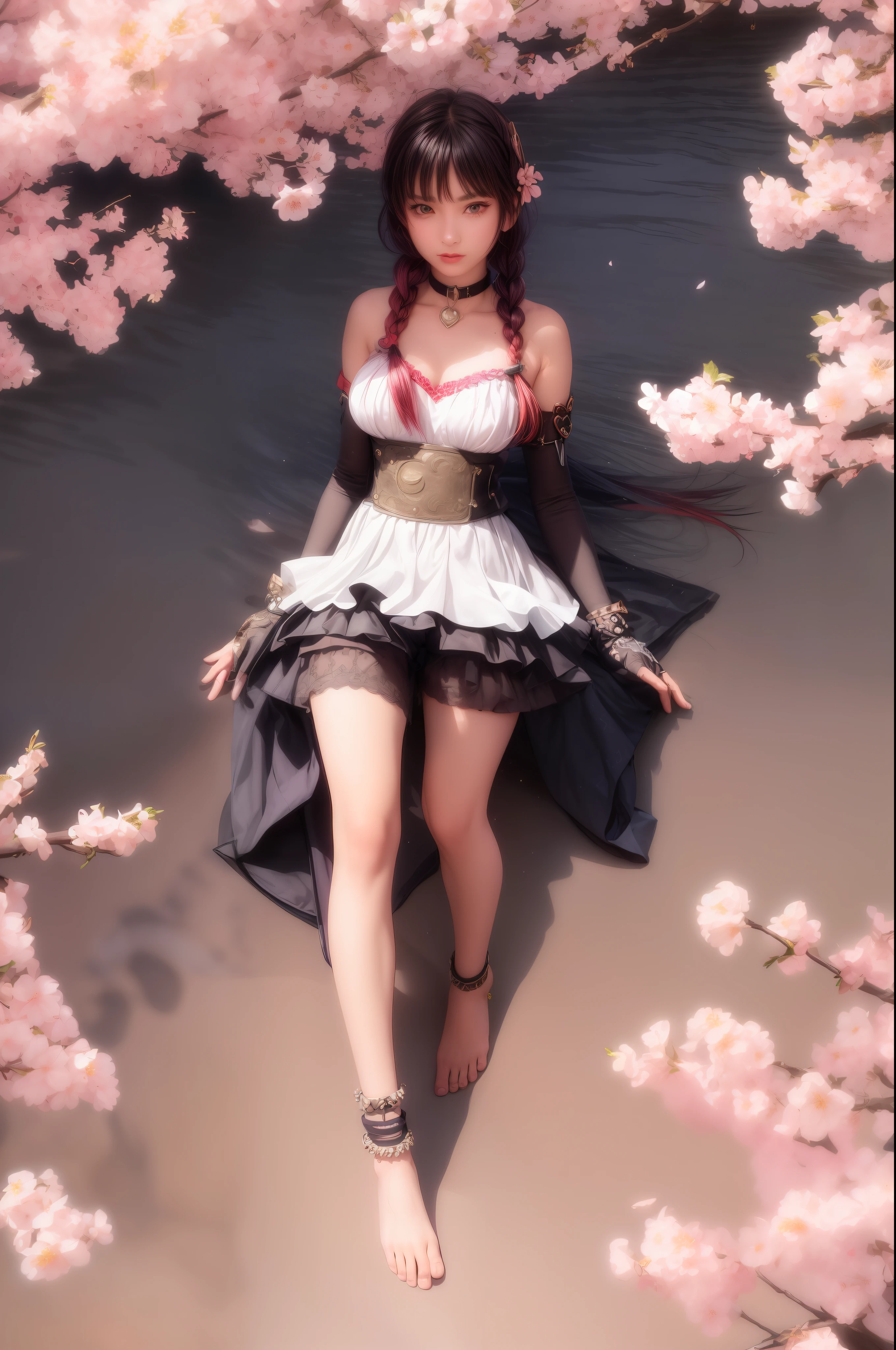 beautiful detailed eyes,extremely_detailed_eyes_and_face,best quality,highly detailed,masterpiece,ultra-detailed,illustration,Surrealism, drop shadow, anaglyph, stereogram, tachi-e, pov, atmospheric perspective, 8k, super detail, ccurate, best quality,
cherry blossoms,sun, day, sky, looking at viewer,
1girl, solo, 
multicolored hair
hair between eyes, twin braids,hair over shoulder, 
AGE:20,height:165,(breasts:0.8),
walk,arms under breasts,
shorts under skirt, ,bodystocking,
barefoot sandals,
crescent hair ornament,elbow gloves,heart choker