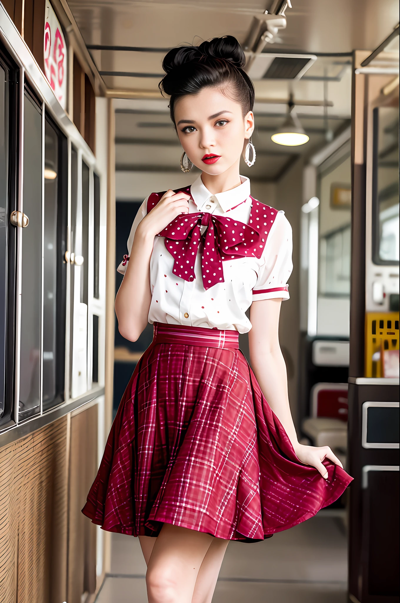 Rockabilly fashion, 50's American fashion, (masterpiece, top quality, highest quality, official art, beautiful and aesthetic: 1.2), (1 girl: 1.3), (rockabilly: 1.3), (18 years old Japan person: 1.2), rockabilly, white short-sleeved blouse, (red polka dot circular skirt: 1.3), ponytail with large ribbon, bobby soxer, saddle shoes, Rock 'n' Roll, Long Skirts, Dance, (Jukebox: 1.3), (Cadillac: 1.3)