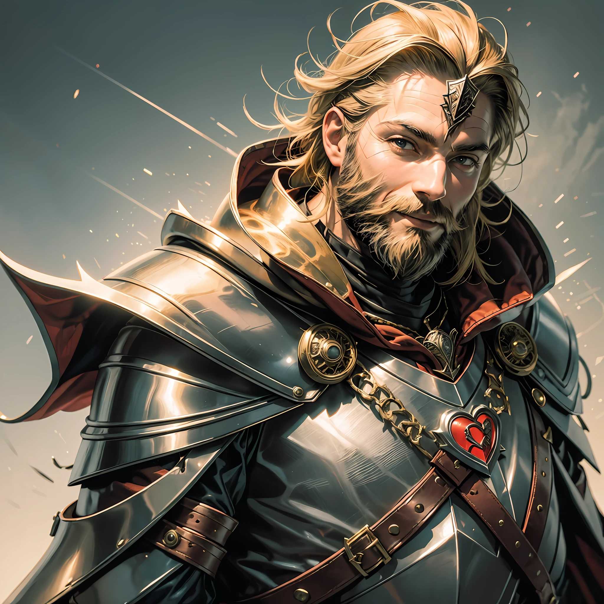 Blonde, dark beard, hooded, wry smile, leather armor, red cloak, assassin, masterpiece, top quality, crown, striped fur, smile, gold necklace
