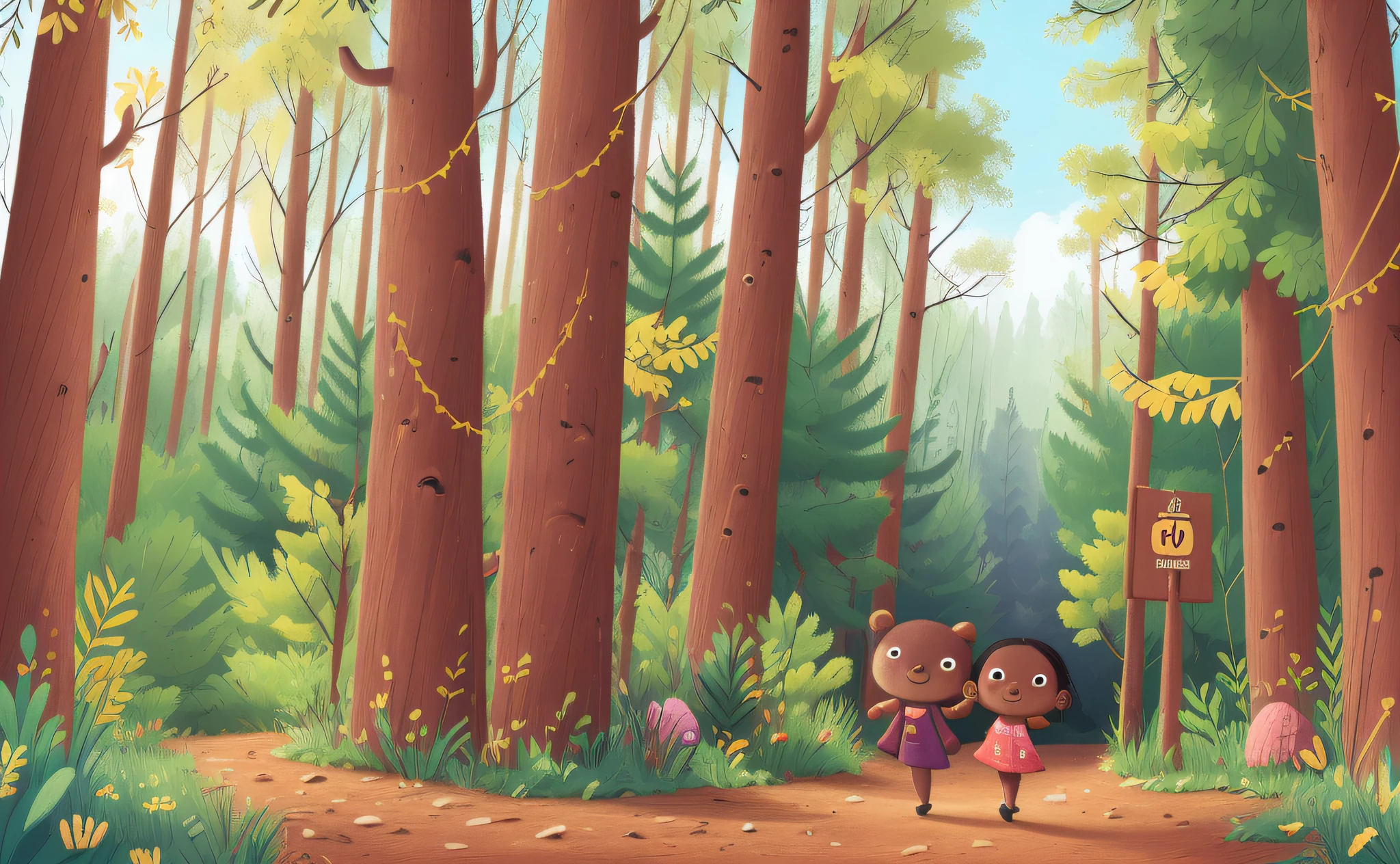 In the late afternoon, a 4--old l, and a small bear, walking down the road, a sign appeared in front of it, spotted a sign pointing to the exit, very happy, in the forest, rocks and large trees provide a cozy background, picture book style, cartoon