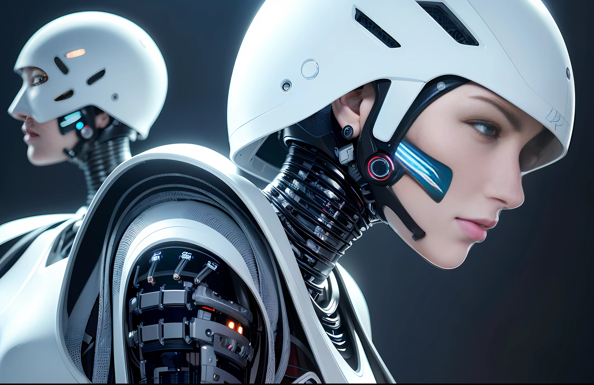 Complex 3D render ultra-detailed beautiful porcelain face profile of android woman, cyborg, robotic parts, 150mm, beautiful studio soft light, edge light, bright details, luxury cyberpunk, lace, hyperrealistic, anatomical, facial muscles, cable, electrical wires, microchip, elegant, beautiful background, octane imaging, HR Giger style, 8k, best quality, masterpiece, illustration, extremely thin and beautiful, extremely detailed, computer graphics, unity, wallpaper, (realistic, photorealistic: 1.37), stunning, finely detailed, masterpiece, best quality, official art, extremely detailed CG unity 8k wallpaper, absurd, incredibly absurd, robot, silver helmet, full body, sedentary