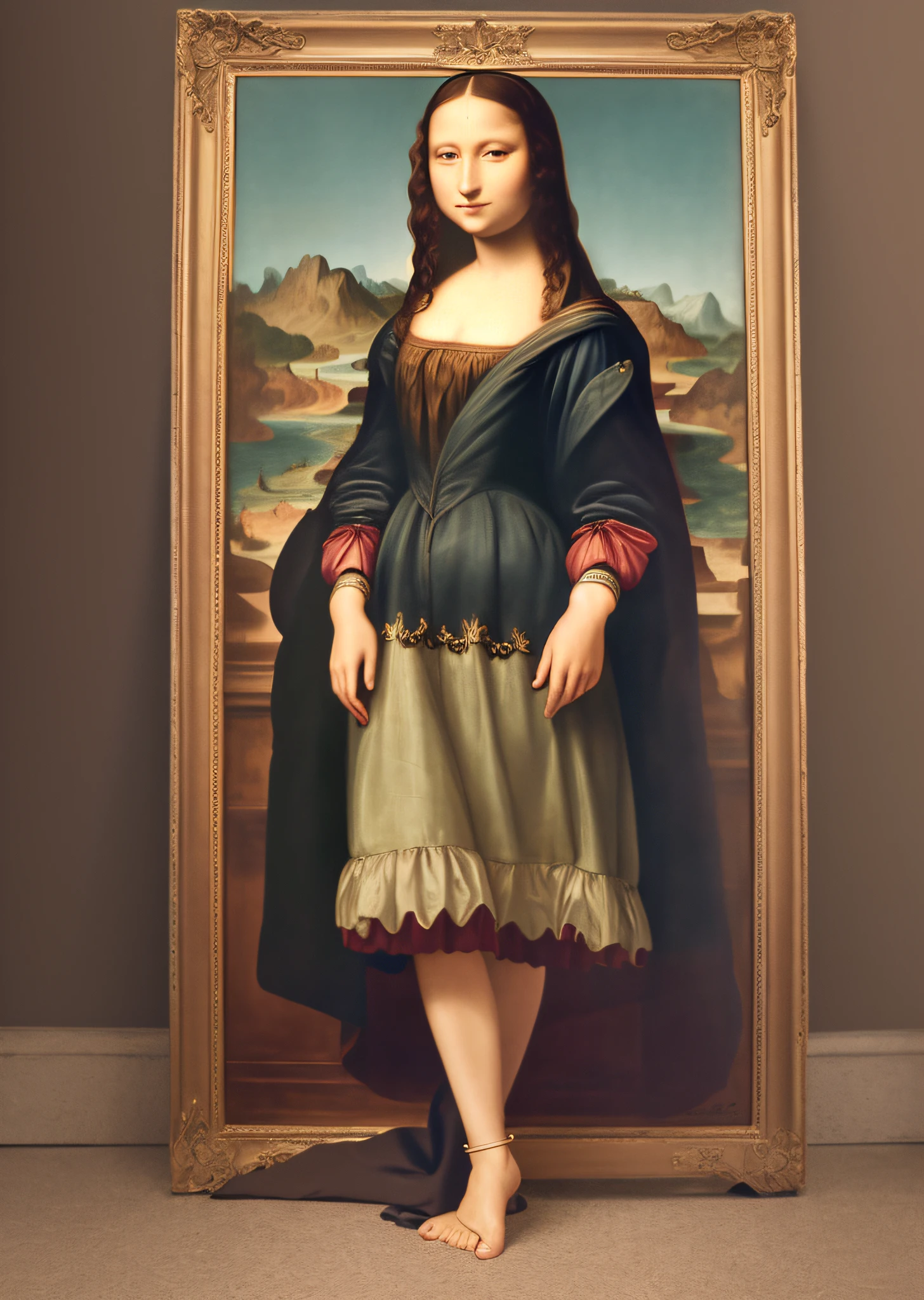 Mona Lisa dressed in fashion, gentle expression, full body portrait, barefoot catwalk, masterpiece, highest quality, high quality, highly detailed CG unit 8k wallpaper, award winning photo, bokeh, depth of field, HDR, flood, chromatic aberration, realistic, very detailed, art station trend, CGsociety trend, complex, high detail, dramatic, midway art, volumetric lighting