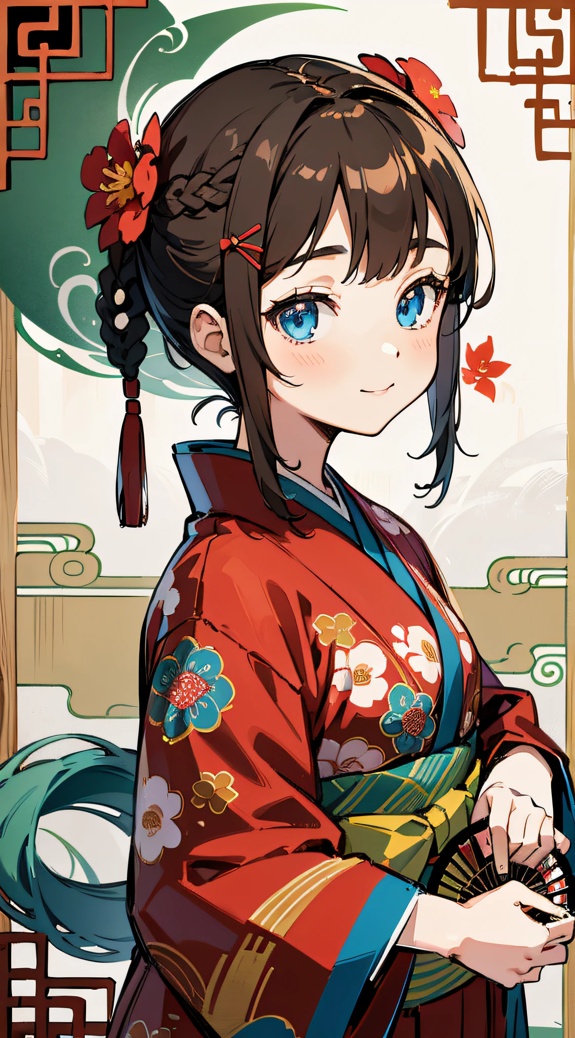 Masterpiece, super-high-resolution, cute girl, half-body, Chinese ancient style, short brown hair, red kimono, flowing short hair, braids, flower embellishments, blue eyes, hairpins, cute little loli, cute cute cute, thick painting, gentle smile, holding a fan