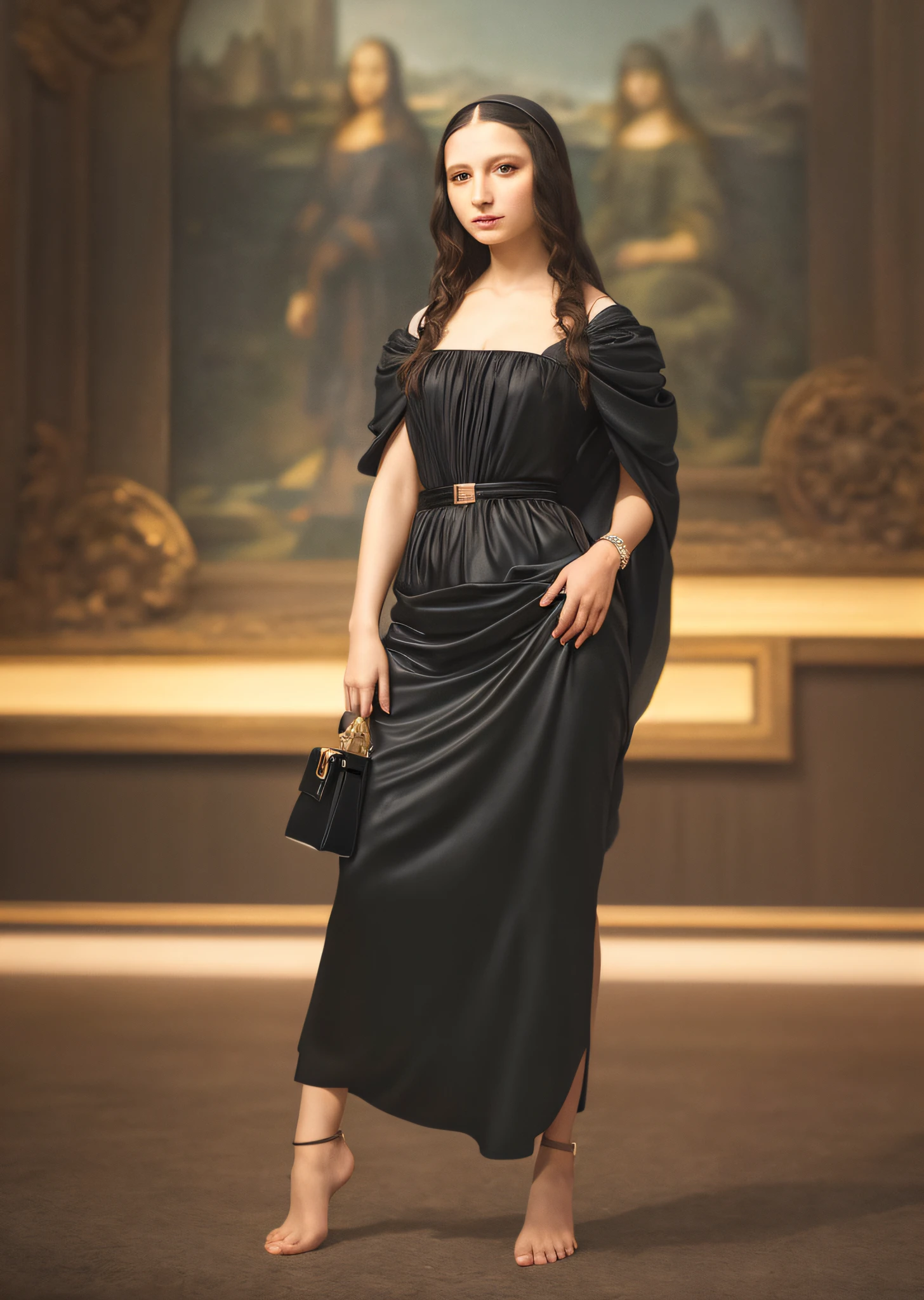 Mona Lisa dressed in modern fashion, gentle expressions, full body portrait, barefoot catwalk, masterpiece, highest quality, high quality, highly detailed CG unit 8k wallpaper, award winning photo, bokeh, depth of field, HDR, flood, chromatic aberration, realistic, very detailed, art station trend, CGsociety trend, complex, high detail, dramatic, midway art, volumetric lighting