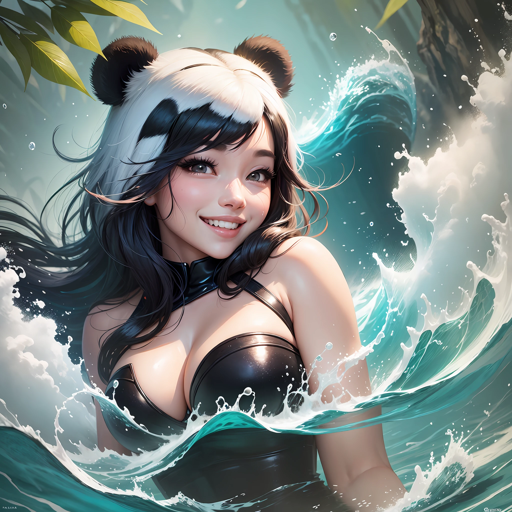 Panda in the water with a big smile on her face, cute panda, official splash art, super realistic, hair details --auto --s2