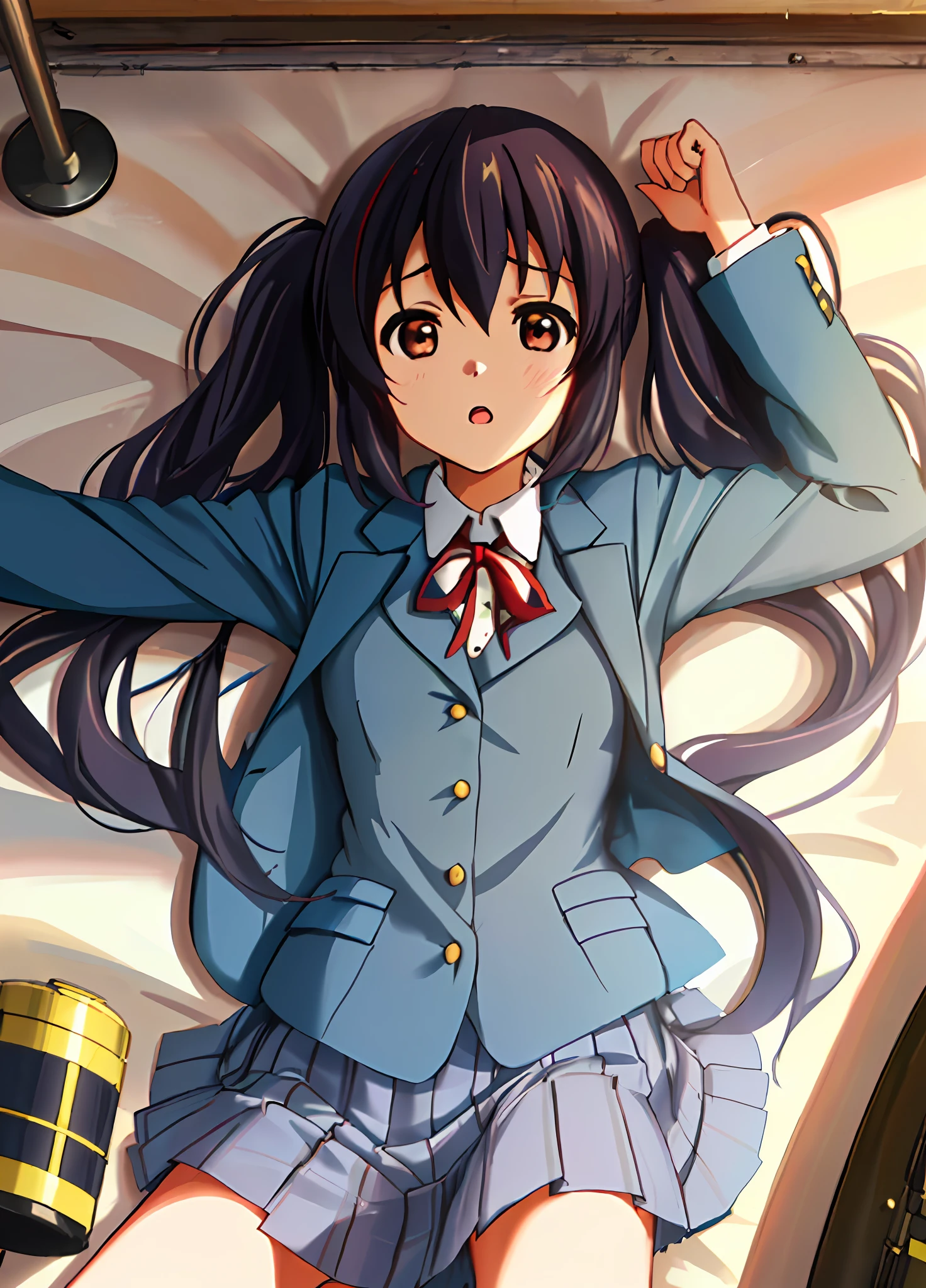 1girl, ((((Masterpiece))), Best Quality, Best Quality, High Detail, Azusa Nakano, 1girl, Sakuragaoka High School Uniform, Musical Instrument, School Uniform, Twin Tails, Long Hair, Black Hair, Brown Eyes, Solo, Red, Dark blue blazer with a thin ribbon of red, Solid white button shirt under blazer, Illustration, Cartoon, Soothing tones, Muted colors, Soft cinematic light, Adobe Lightroom, Photo Lab, HDR, complex and highly detailed, (((depth of field))))). (((Masterpiece))). (((highest quality))).) ((super detail))). (((Illustration))). (((Outside))). (((fighting stance))).,(((Lying down))).dynamic focus.small breasts.. (((Face of sadness))). Open mouth.Close your eyes.Clench your fists.Ground.Lie on your back.