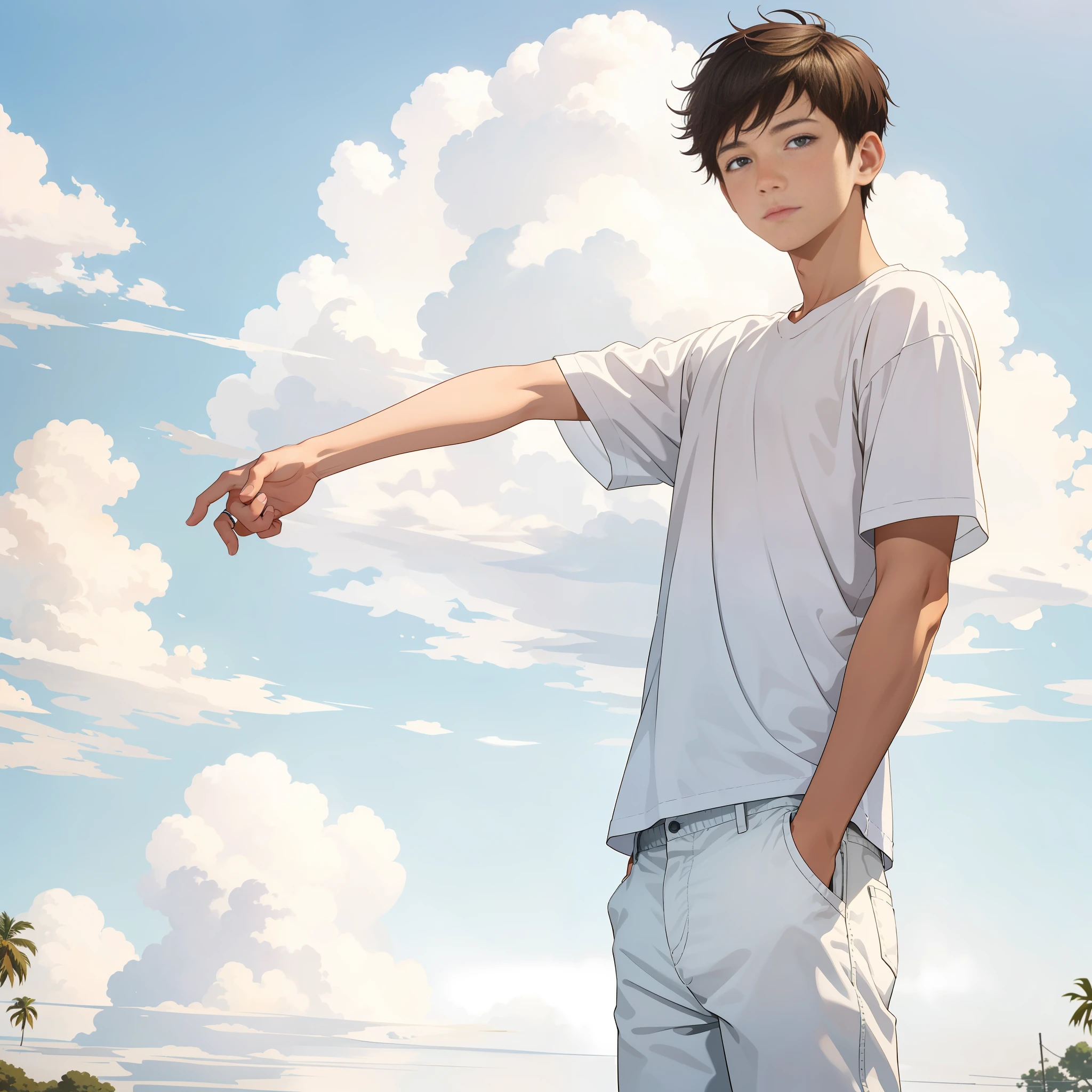1boy, (ink primitive art: 1.2), (line art: 1.33), (best quality, masterpiece), superlative, teenage male, boy, boy, short hair, white skin, white shirt, trousers, muscles, petite, bright, clouds, wind, urban, colorful, outdoor, full body, simple background, brunette hair (beautiful detailed face, beautiful detailed eyes), hands relaxed, head slightly raised,