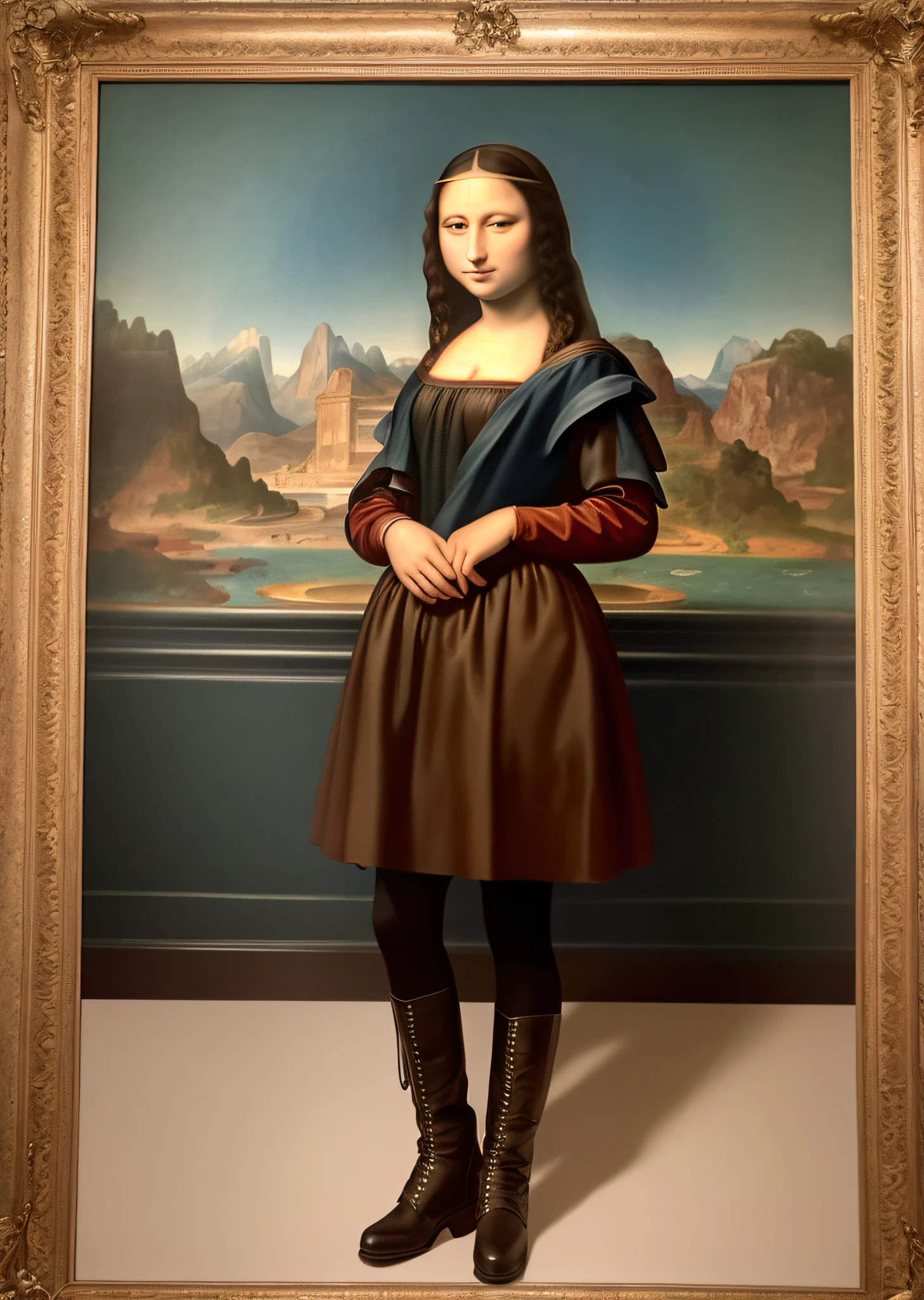 Mona Lisa dressed in American police uniform, gentle expression, full body portrait, police boots, catwalk, masterpiece, highest quality, high quality, highly detailed CG unit 8k wallpaper, award winning photo, bokeh, depth of field, HDR, flood, chromatic aberration, realistic, very detailed, art station trend, CGsociety trend, complex, high detail, dramatic, midway art, volumetric lighting