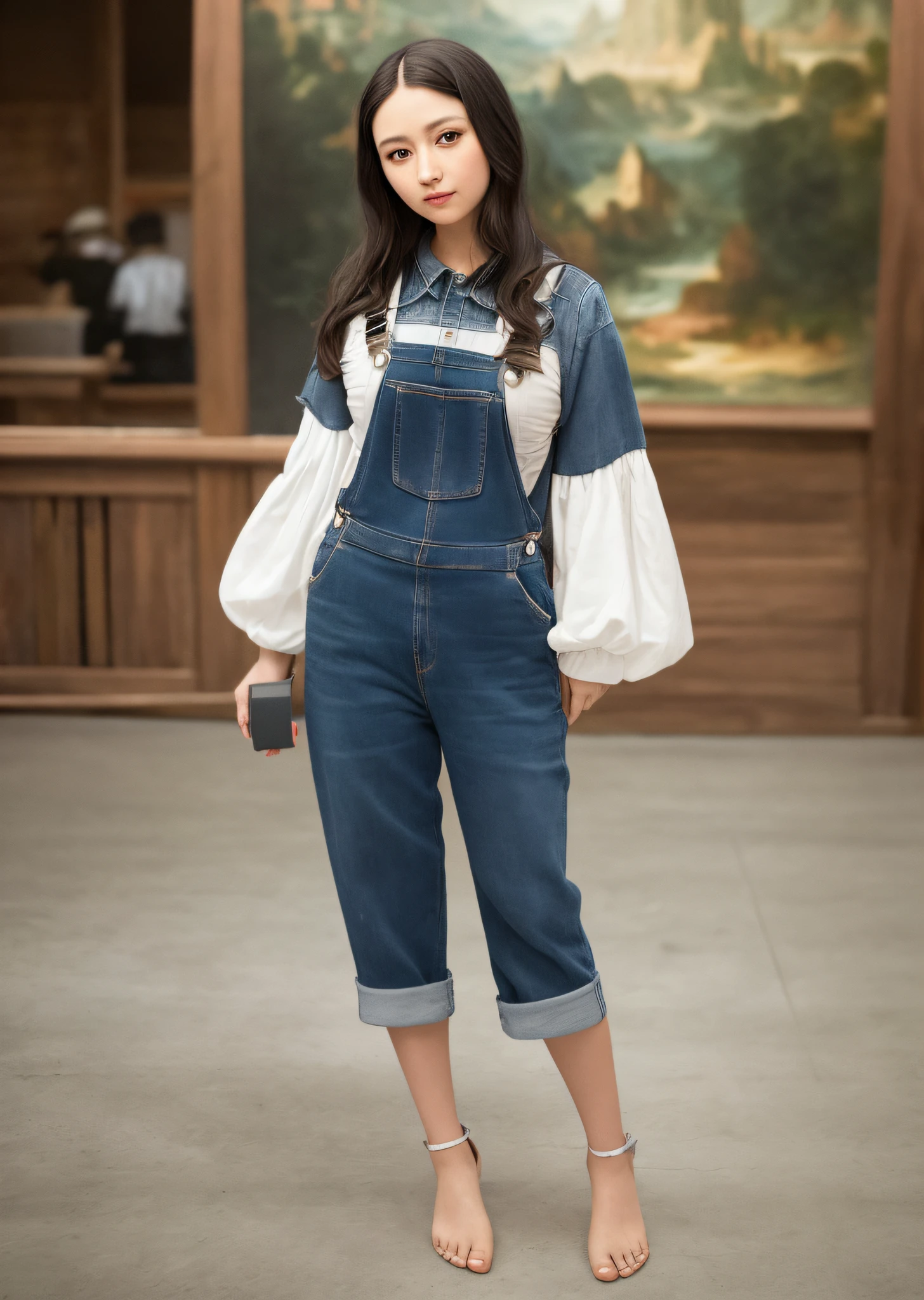 Mona Lisa dressed in overalls, gentle expression, full body portrait, barefoot catwalk, masterpiece, highest quality, high quality, highly detailed CG unit 8k wallpaper, award winning photo, bokeh, depth of field, HDR, flood, chromatic aberration, realistic, very detailed, art station trend, CGsociety trend, complex, high detail, dramatic, midway art, volumetric lighting