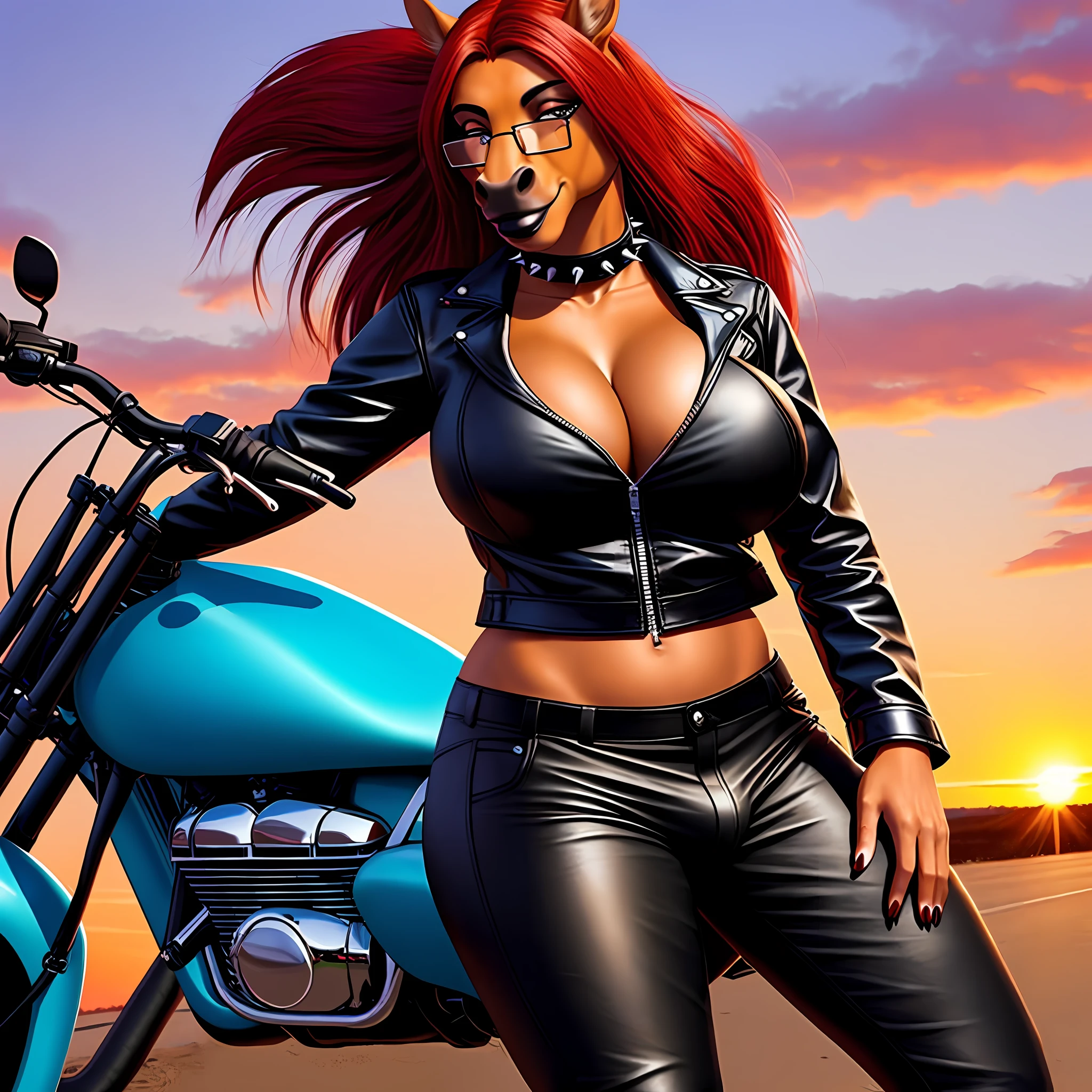 Solo,uploaded on e621, nsfw, raw photo, realistic, anthro, detailed face, horse, caramel colored fur, highly detailed fur , realistic fur,female, posing seductively leaning on a motorcycle motorcycle, cleavage,,big detailed bulge, correct anatomy, sunset background, leather biker pants unzipped, spiked collar Choker, leather unzipped biker jacket, , glasses,black makeup,, long red hair, red tail, detailed shadows, big breast, big crotch bulge,big lips, black lipstick,