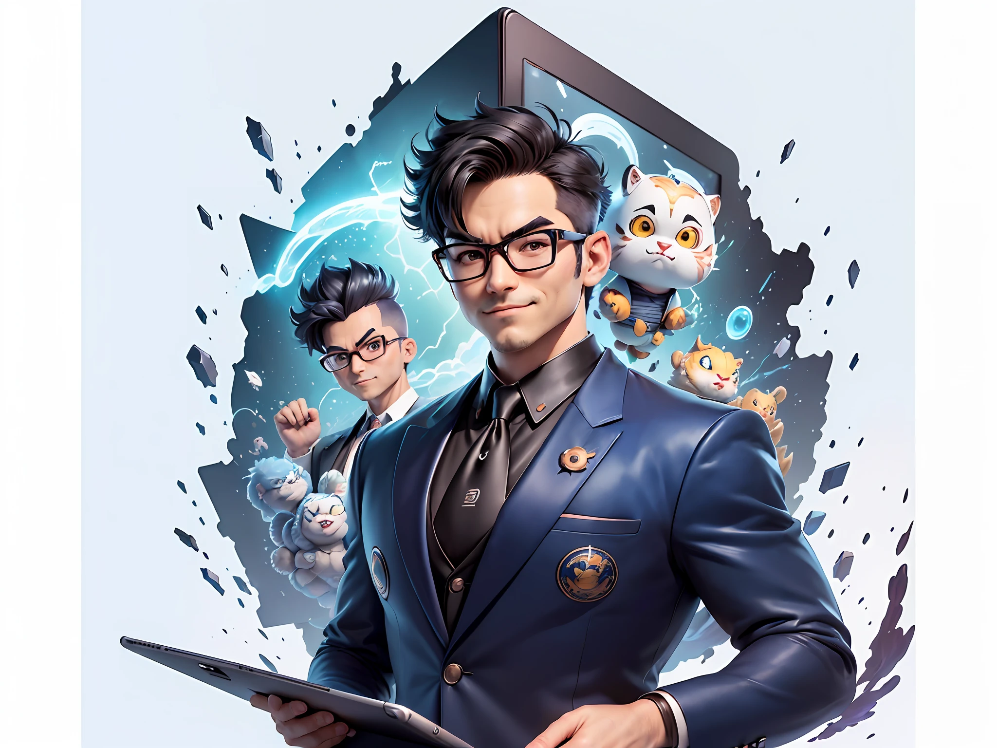 (((Masterpiece), (Excellent), (Super Meticulous), (Full Body: 1.2), Super Young Man, Oriental Face, Japanese Wind and Thunder God, Dragon, Tiger, TV Anchor, Bust Portrait Illustration, Alone, Black Formal Suit, Blue Tie, Slightly Chubby Face, Silver Glasses Face Very Clean No Beard, Black Super Short Hair, Black Eyes, Confident Smile, 3c Computer Sub-Products, iPad, iPhone, Digital Painting, 3D Character Design by Akira Toriyama and Mark Claireden and Pixar and Hayao Miyazaki, The illustration is a high-definition illustration in 4K resolution with very detailed facial features and cartoon-style visuals.