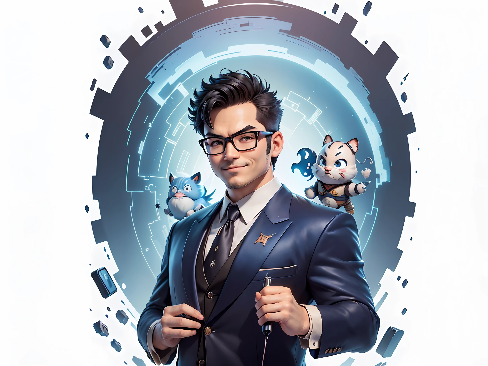 (((Masterpiece), (Excellent), (Super Meticulous), (Full Body: 1.2), Super Young Man, Oriental Face, Japanese Wind and Thunder God, Dragon, Tiger, TV Anchor, Bust Portrait Illustration, Alone, Black Formal Suit, Blue Tie, Slightly Chubby Face, Silver Glasses Face Very Clean No Beard, Black Super Short Hair, Black Eyes, Confident Smile, 3c Computer Sub-Products, iPad, iPhone, Digital Painting, 3D Character Design by Akira Toriyama and Mark Claireden and Pixar and Hayao Miyazaki, The illustration is a high-definition illustration in 4K resolution with very detailed facial features and cartoon-style visuals.