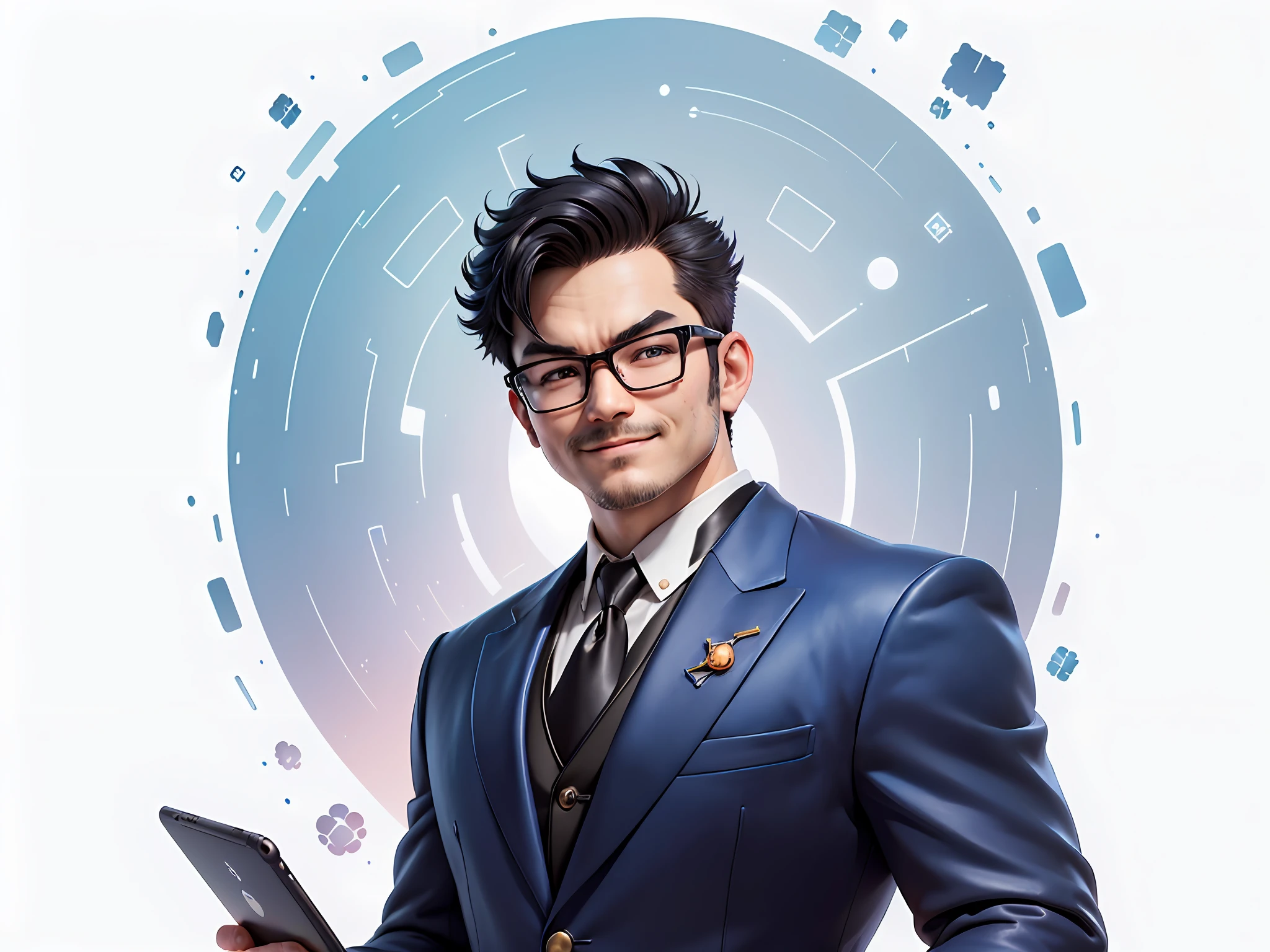 (((Masterpiece), (Excellent), (Super Meticulous), (Full Body: 1.2), Super Young Man, Oriental Face, Japanese Wind and Thunder God, Dragon, Tiger, TV Anchor, Bust Portrait Illustration, Alone, Black Formal Suit, Blue Tie, Slightly Chubby Face, Silver Glasses Face Very Clean No Beard, Black Super Short Hair, Black Eyes, Confident Smile, 3c Computer Sub-Products, iPad, iPhone, Digital Painting, 3D Character Design by Akira Toriyama and Mark Claireden and Pixar and Hayao Miyazaki, The illustration is a high-definition illustration in 4K resolution with very detailed facial features and cartoon-style visuals.