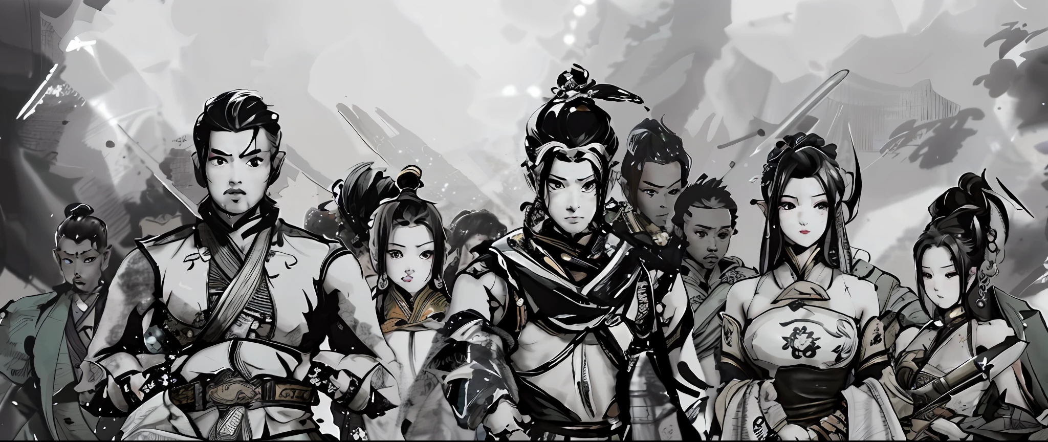Black and white drawing of a group of people holding weapons, full body martial arts, martial arts, G Liulian art style, SF5 ink style, ink style, inspired by Sheng Maoye, Bian Lian, dynasty warriors, Meru ink style