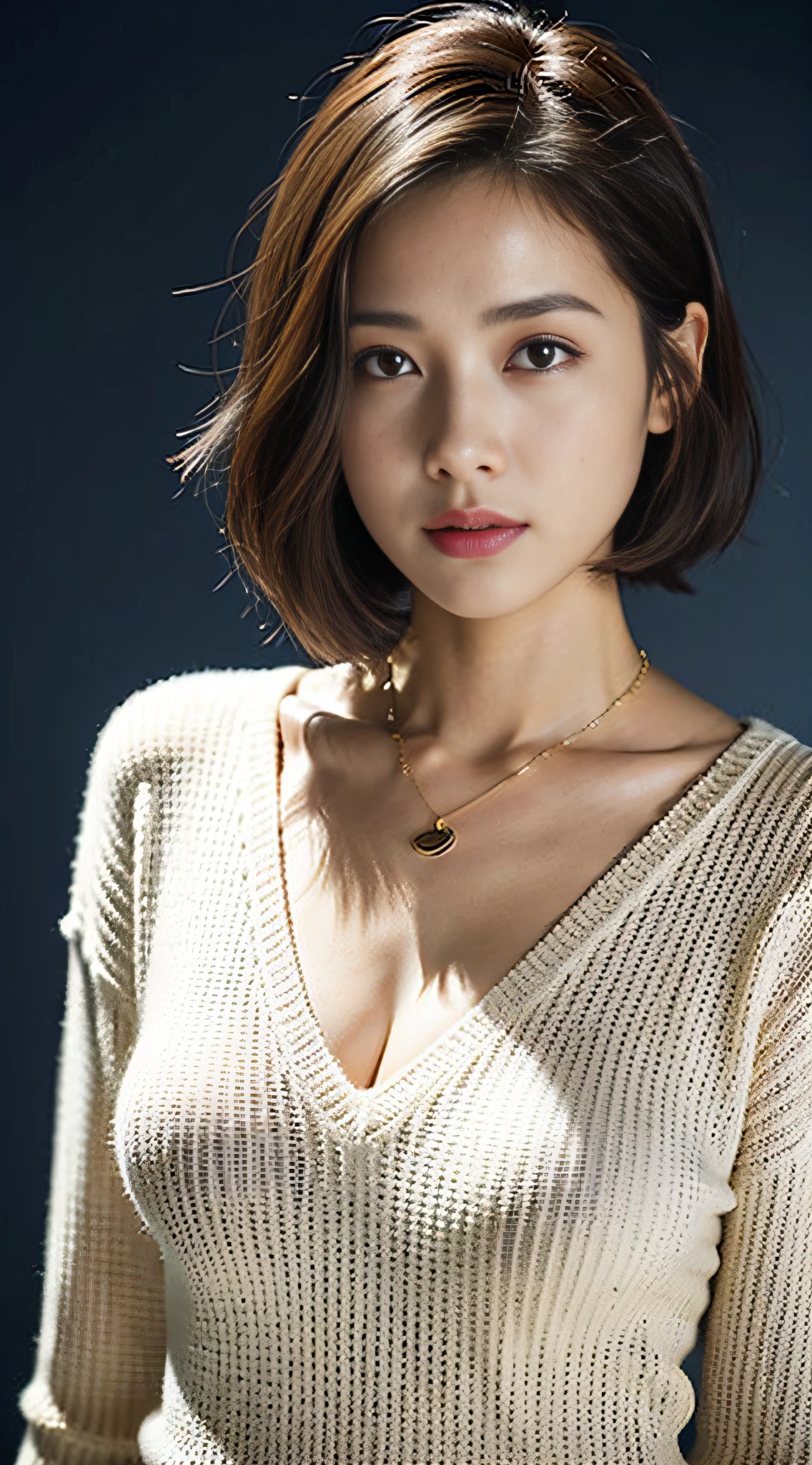 (Best quality, 8k, 32k, Masterpiece, UHD:1.2),Photo of Pretty Japanese woman, large breasts, very short bob hair,upper body,face focus,oversized_sweater, necklace, simple background, from above, looking at viewer,