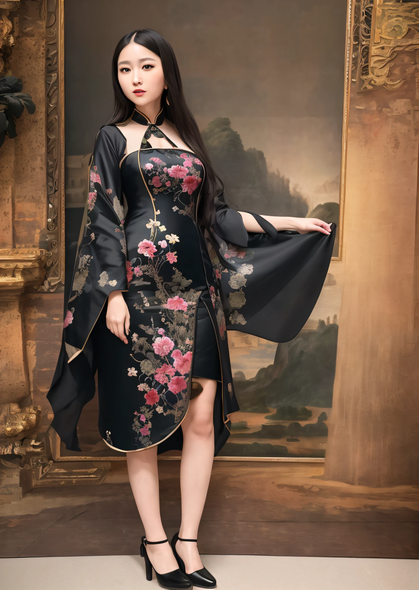Mona Lisa Dressed in Chinese Cheongsam,, Gentle Expression, Full Body Portrait, Shoes, Catwalk, Masterpiece, Highest Quality, High Quality, Highly Detailed CG Unit 8k Wallpaper, Award Winning Photo, Bokeh, Depth of Field, HDR, Flood, Chromatic Aberration, Realistic, Very Detailed, Art Station Trend, CGsociety Trend, Complex, High Detail, Dramatic, Midway Art, Volumetric Lighting