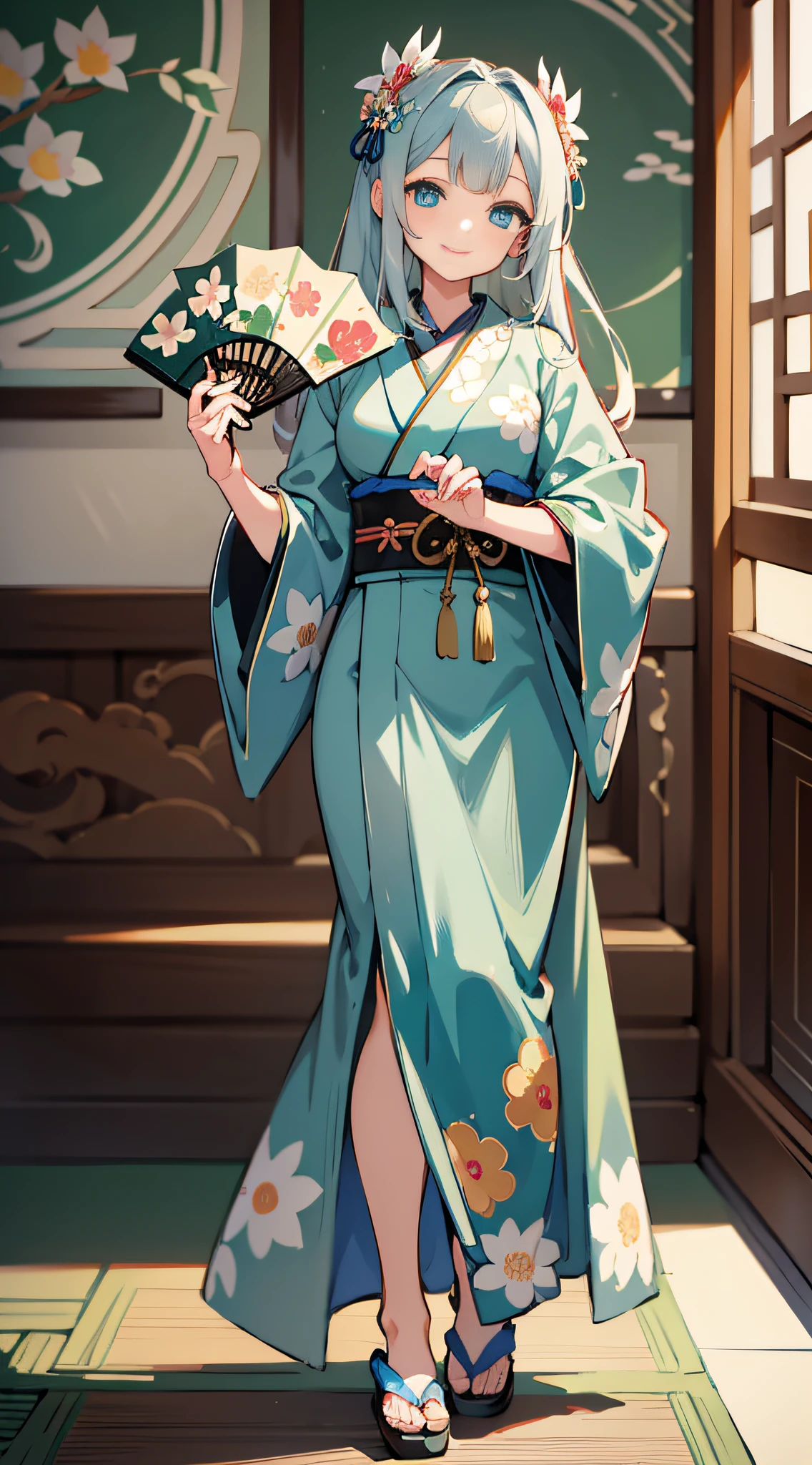 Masterpiece, Superb Quality, Super High Resolution, Cute Girl, Full Body, Chinese Antique Style, Long Gray Hair, Long Green Kimono, Intricate Design, Flower Embellishment, Blue Eyes, Hairpin, Cute Little Lori, Cute Cute and Cute and Cute, Thick Paint, Gentle Smile, Holding a Fan