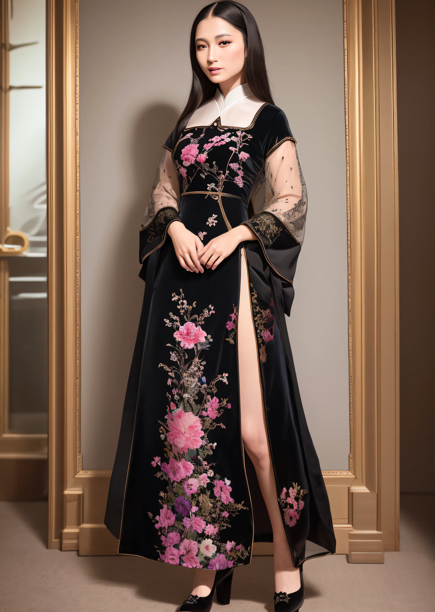 Mona Lisa Dressed in Chinese Cheongsam,, Gentle Expression, Full Body Portrait, Shoes, Catwalk, Masterpiece, Highest Quality, High Quality, Highly Detailed CG Unit 8k Wallpaper, Award Winning Photo, Bokeh, Depth of Field, HDR, Flood, Chromatic Aberration, Realistic, Very Detailed, Art Station Trend, CGsociety Trend, Complex, High Detail, Dramatic, Midway Art, Volumetric Lighting