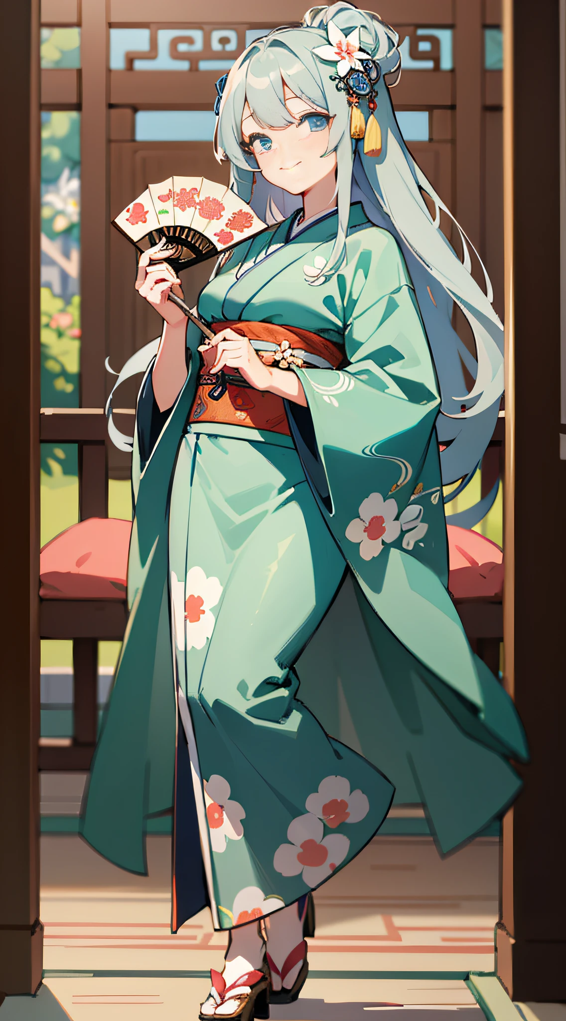 Masterpiece, Superb Quality, Super High Resolution, Cute Girl, Full Body, Chinese Antique Style, Long Gray Hair, Long Green Kimono, Intricate Design, Flower Embellishment, Blue Eyes, Hairpin, Cute Little Lori, Cute Cute and Cute and Cute, Thick Paint, Gentle Smile, Holding a Fan