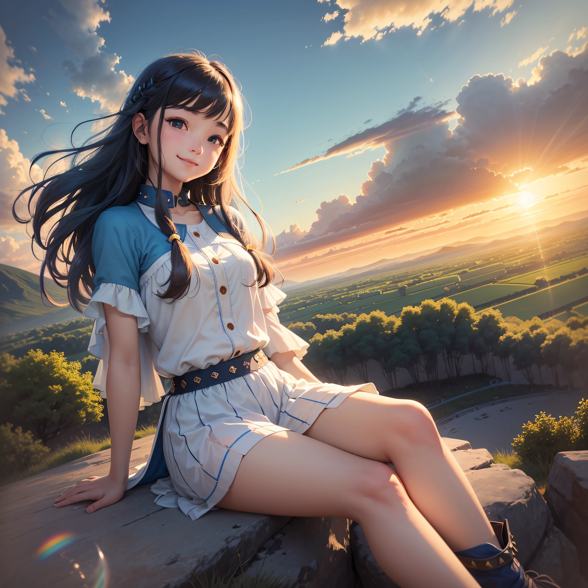 Avatar of a Girl under a Blue Sky, a young girl with a vibrant smile sitting on the crest of a hill, her loose hair caught in the evening breeze, a broad expanse of blue sky behind her studded with fluffy white clouds mirror her cheerful complexion, the silhouette of an arched rainbow faintly discernible in the distance paints the quiet, serene evening with soft hues of hope, Realistic Photography, captured with a 35mm lens that enriches the contrast between the sharp, focused foreground and the gently blurred clouds and rainbow, the sun at a low angle creating the perfect natural lighting, --ar 1:1 --v 5.2. --auto --s2