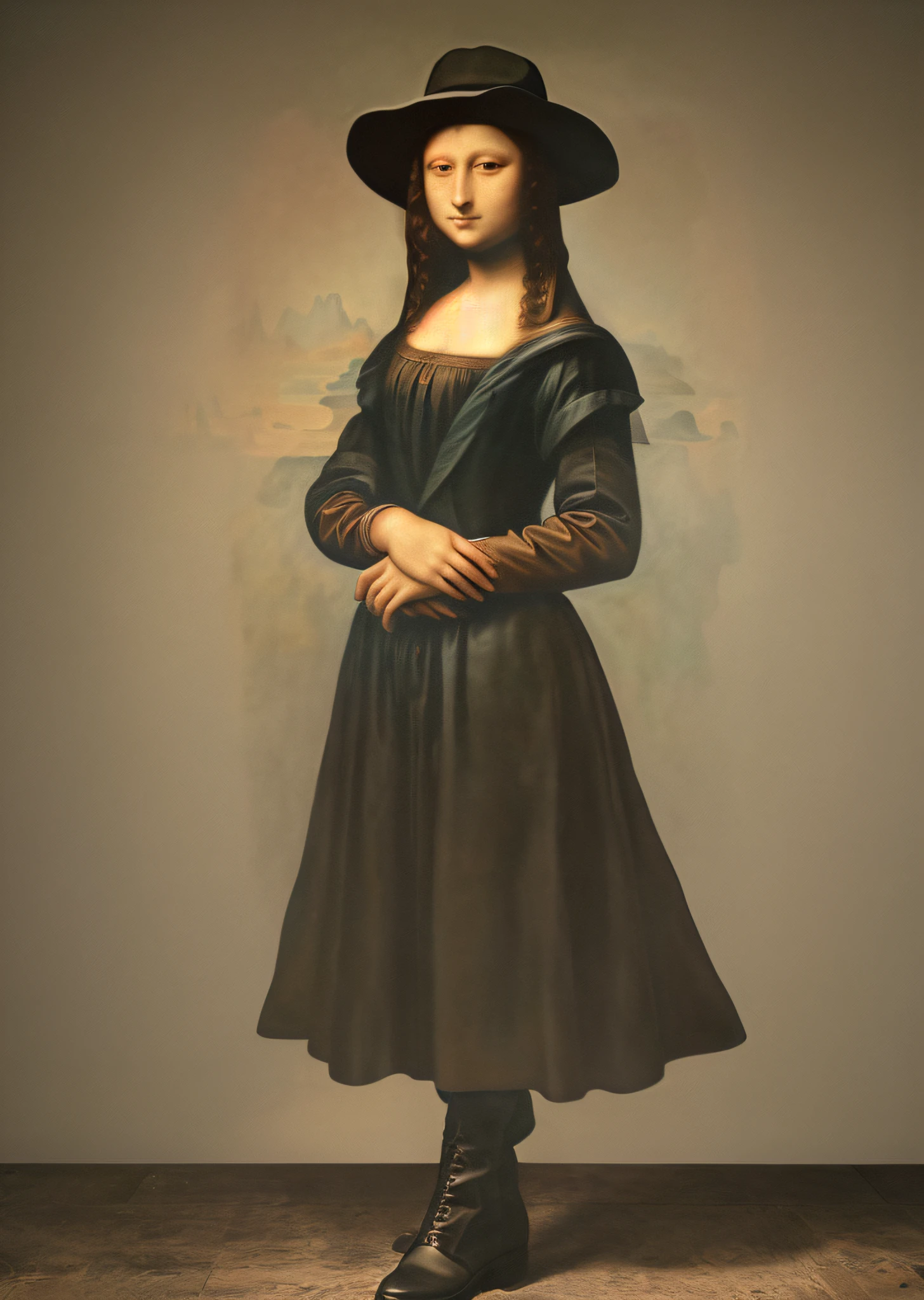 Mona Lisa dressed in American police uniform, wearing a police hat, gentle expression, full body portrait, police boots, catwalk, masterpiece, highest quality, high quality, highly detailed CG unit 8k wallpaper, award winning photo, bokeh, depth of field, HDR, flood, chromatic aberration, realistic, very detailed, art station trend, CGsociety trend, complex, high detail, dramatic, midway art, volumetric lighting