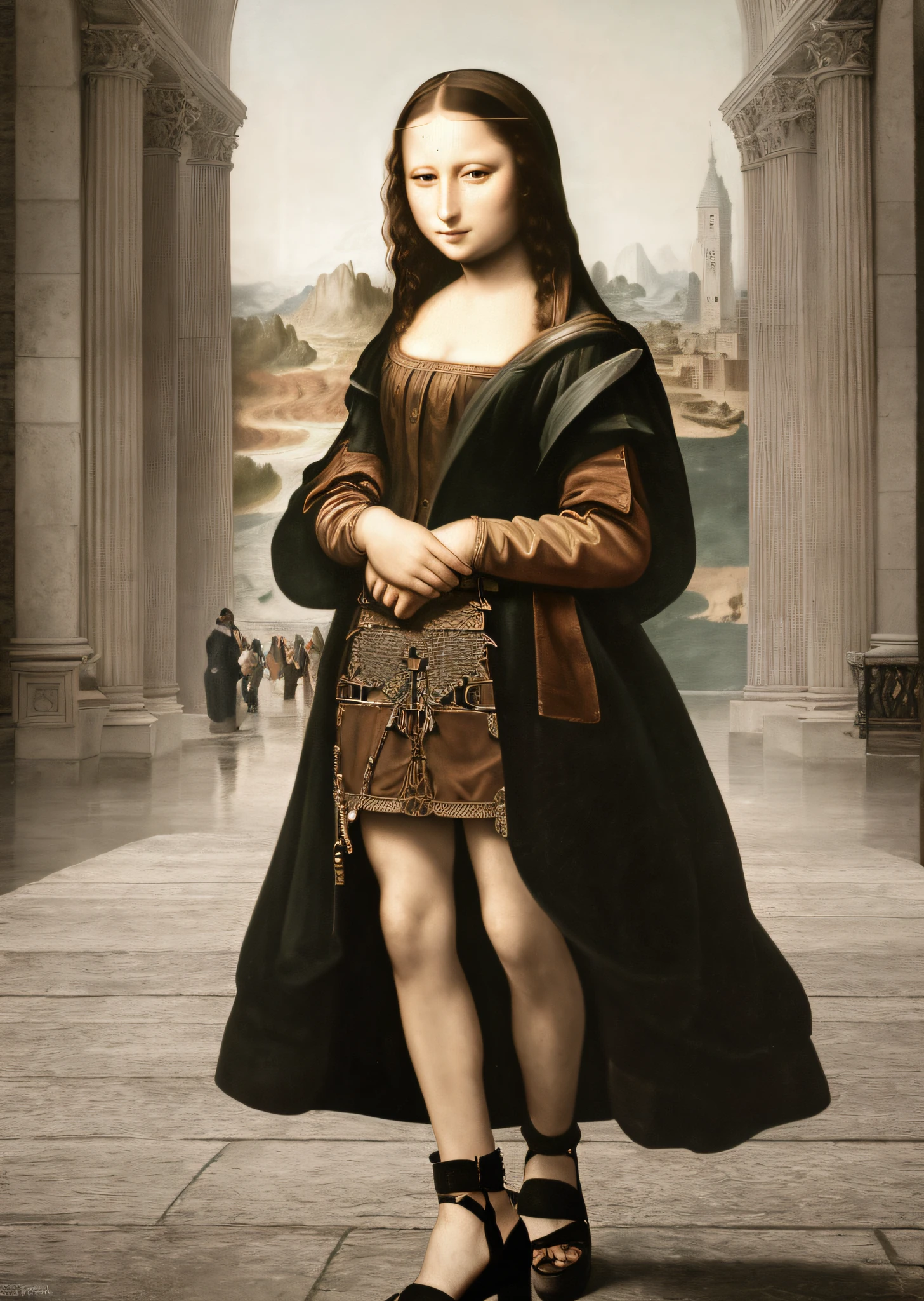Mona Lisa, steampunk, full body portrait, kill matt, catwalk, masterpiece, highest quality, shoes, highly detailed CG unit 8k wallpaper, award winning photo, bokeh, depth of field, HDR, flood, chromatic aberration, realistic, very detailed, art station trend, CGsociety trend, complex, high detail, dramatic, midway art, volumetric lighting