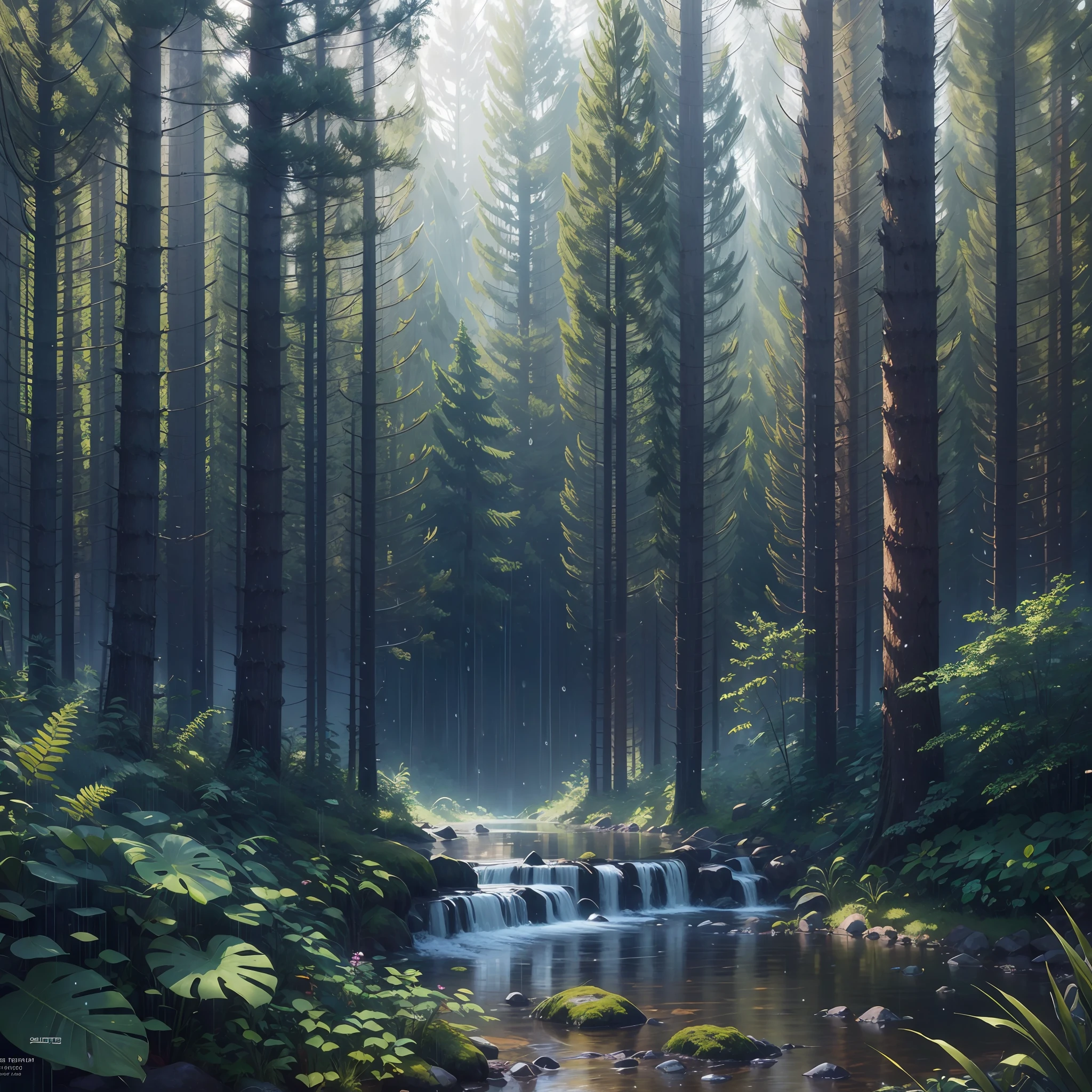Dense forest in the daytime sun, raindrops pouring down from trees, thunder rumbling in the distance, masterpiece, best quality, high quality, extremely detailed CG uniform 8k wallpaper, oil painting, award-winning photography, bokeh, depth field, HDR, bloom, chromatic aberration, realism, very detailed, trends on artstation, trends on CGsociety, intricacies, high detail, drama, midjourney art --auto --s2
