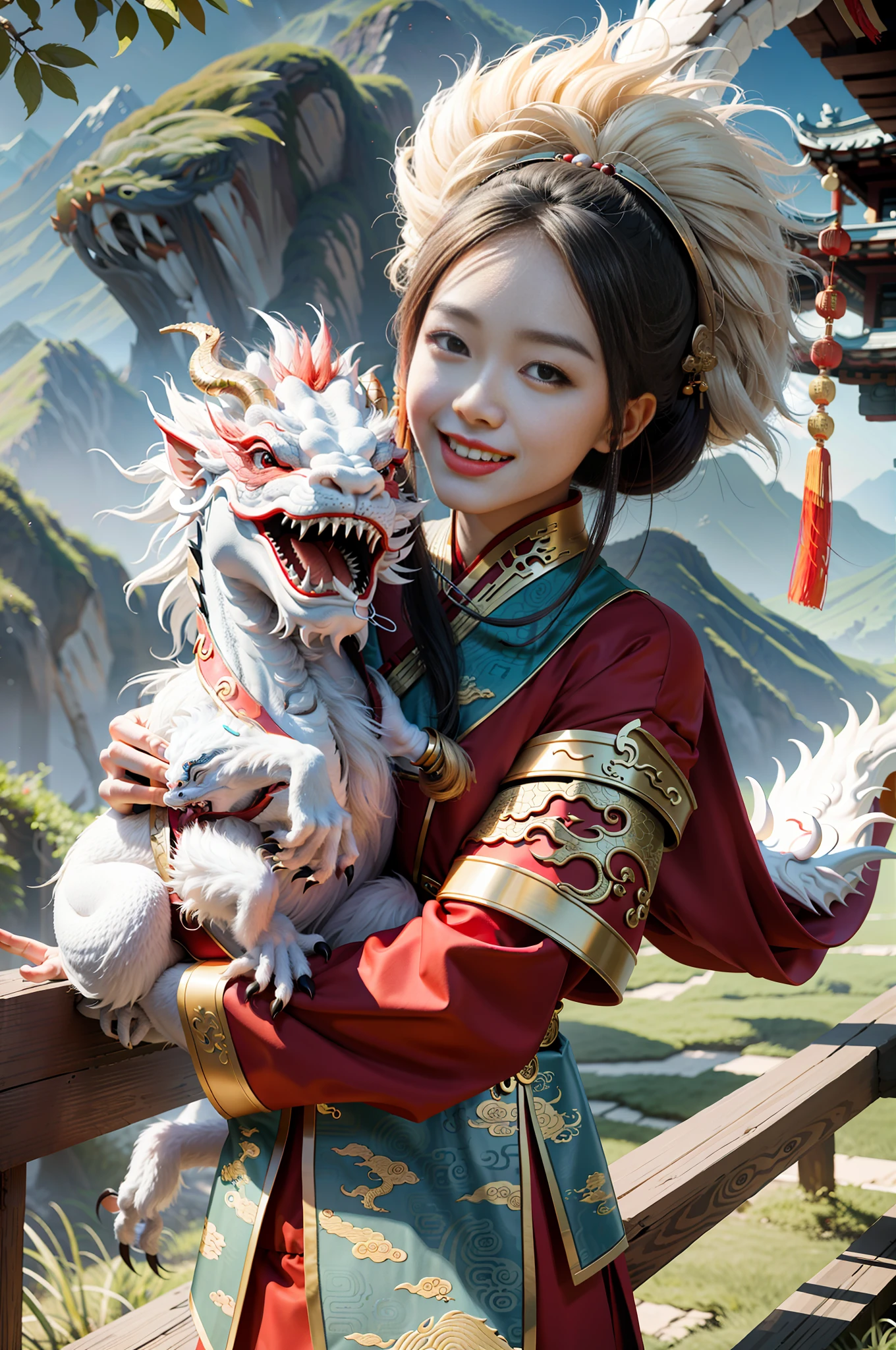 masterpiece, best quality, making friends with the Chinese dragon, fun, happy, bright, loong,