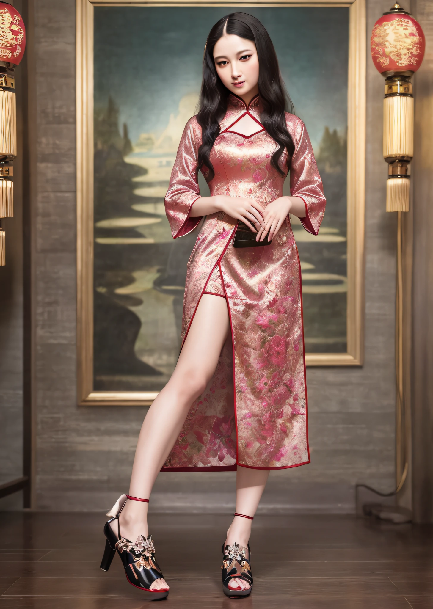 Mona Lisa Dressed in Chinese Cheongsam,, Gentle Expression, Full Body Portrait, Shoes, Catwalk, Masterpiece, Highest Quality, High Quality, Highly Detailed CG Unit 8k Wallpaper, Award Winning Photo, Bokeh, Depth of Field, HDR, Flood, Chromatic Aberration, Realistic, Very Detailed, Art Station Trend, CGsociety Trend, Complex, High Detail, Dramatic, Midway Art, Volumetric Lighting