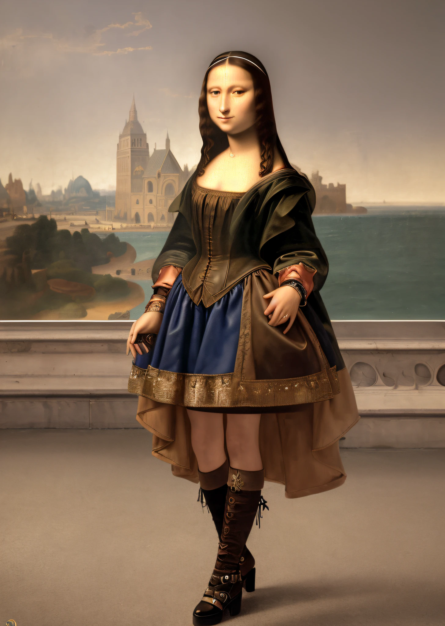 Mona Lisa, steampunk, full body portrait, kill matt, catwalk, masterpiece, highest quality, shoes, highly detailed CG unit 8k wallpaper, award winning photo, bokeh, depth of field, HDR, flood, chromatic aberration, realistic, very detailed, art station trend, CGsociety trend, complex, high detail, dramatic, midway art, volumetric lighting
