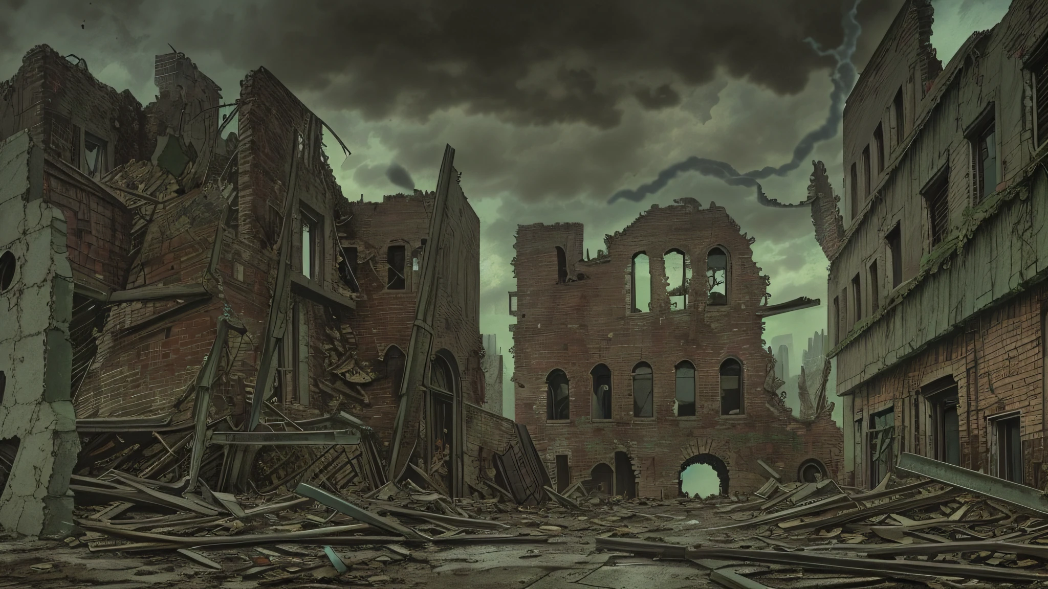 There is a picture of a city, in a ruined cityscape, destroyed cityscape, outdoor ruined cityscape, a city in ruins in the background, a post-apocalyptic city, a post-apocalyptic view, a destroyed city, an apocalyptic city, a ruined city in the background, An abandoned dystopian city, gloomy, with a wall with a door at the end,