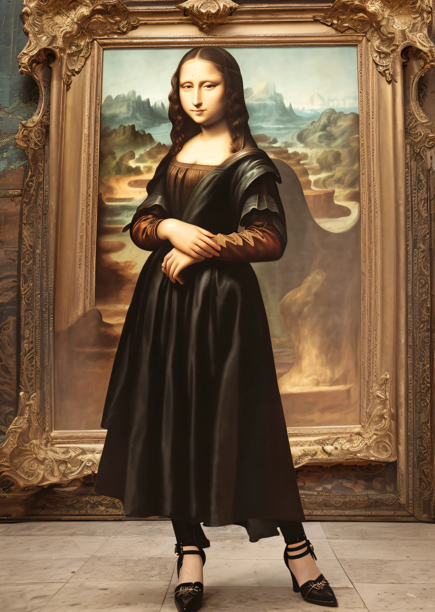 Mona Lisa, steampunk, full body portrait, kill matt, catwalk, masterpiece, highest quality, shoes, highly detailed CG unit 8k wallpaper, award winning photo, bokeh, depth of field, HDR, flood, chromatic aberration, realistic, very detailed, art station trend, CGsociety trend, complex, high detail, dramatic, midway art, volumetric lighting