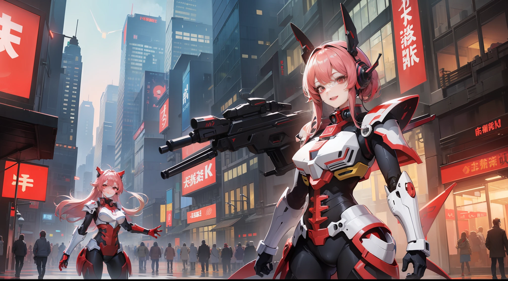 (Digital Art, Mecha Girl, Red Eyes, HD 8K, Smiling, More Smiles, Pig Armor, Shanghai Background)