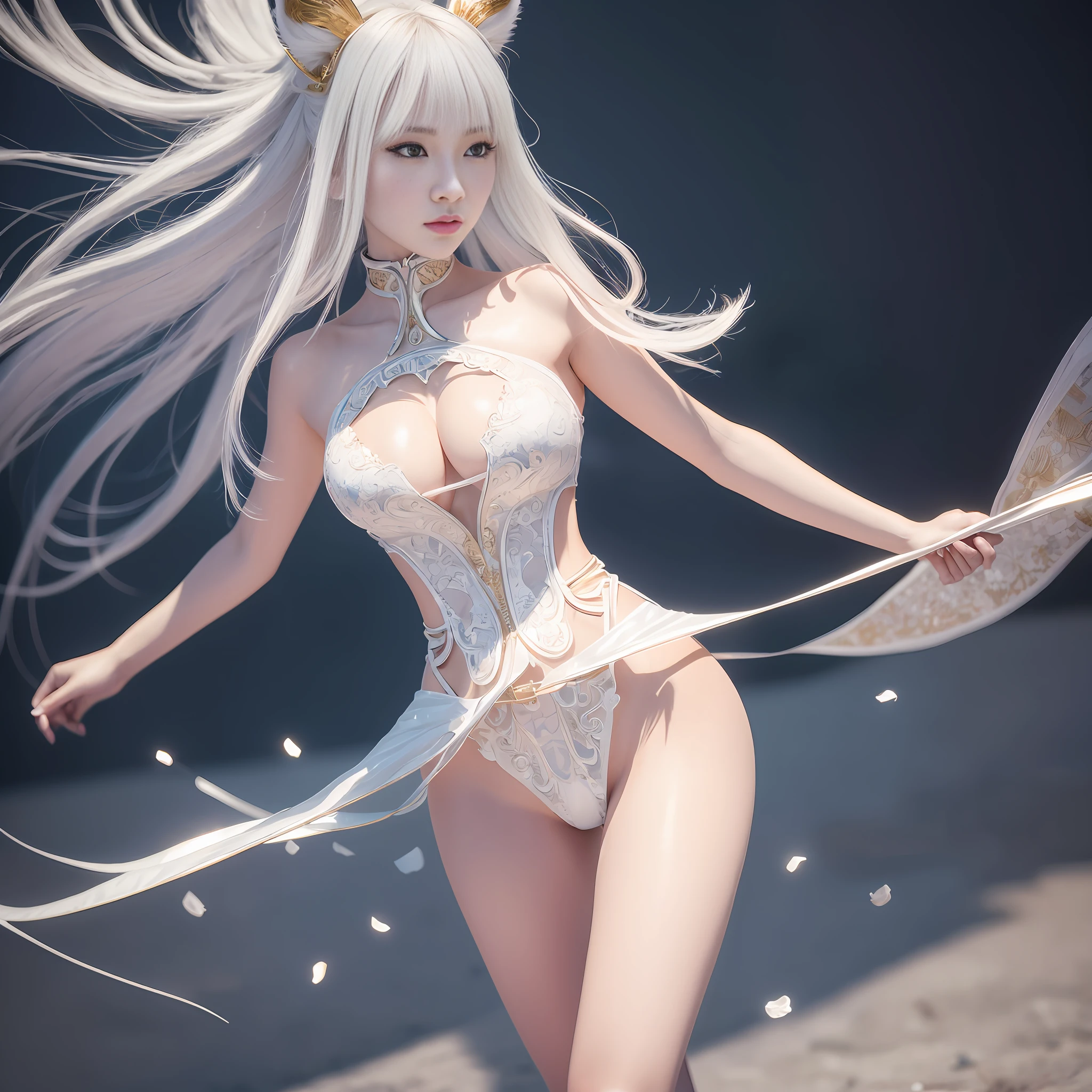 Korean, masterpiece, best quality, high quality, extremely detailed CG unity 8k wallpaper, (realistic, Photo real: 1.3), (RAW photo: 1.2), Woman body set medium breasts, exposed breasts, full and natural breasts, crisp breasts, tender white complexion, straight buttocks, (transparent tong), surreal, 8K, original photo, film grain, super high resolution, super detail, tall, very clear face, slender long legs, a pair of snow-white slender beautiful legs, like ivory carved jade legs, perfect proportion and length, stunning face, melon seed face, qiong nose cherry lips, eyebrows picturesque, amorous, charming, slender and slender waist, close-up of a woman in gold and white clothing, super detailed rendering, 3 D rendering character art 8 K, complex white and gold armor, full samurai armor fox, high detail iconic character, 8K rendering, octane rendering, octane rendering, super detail octane rendering, super detailed octane rendering, super detailed 3 d rendering, futuristic style fox demon --auto --s2