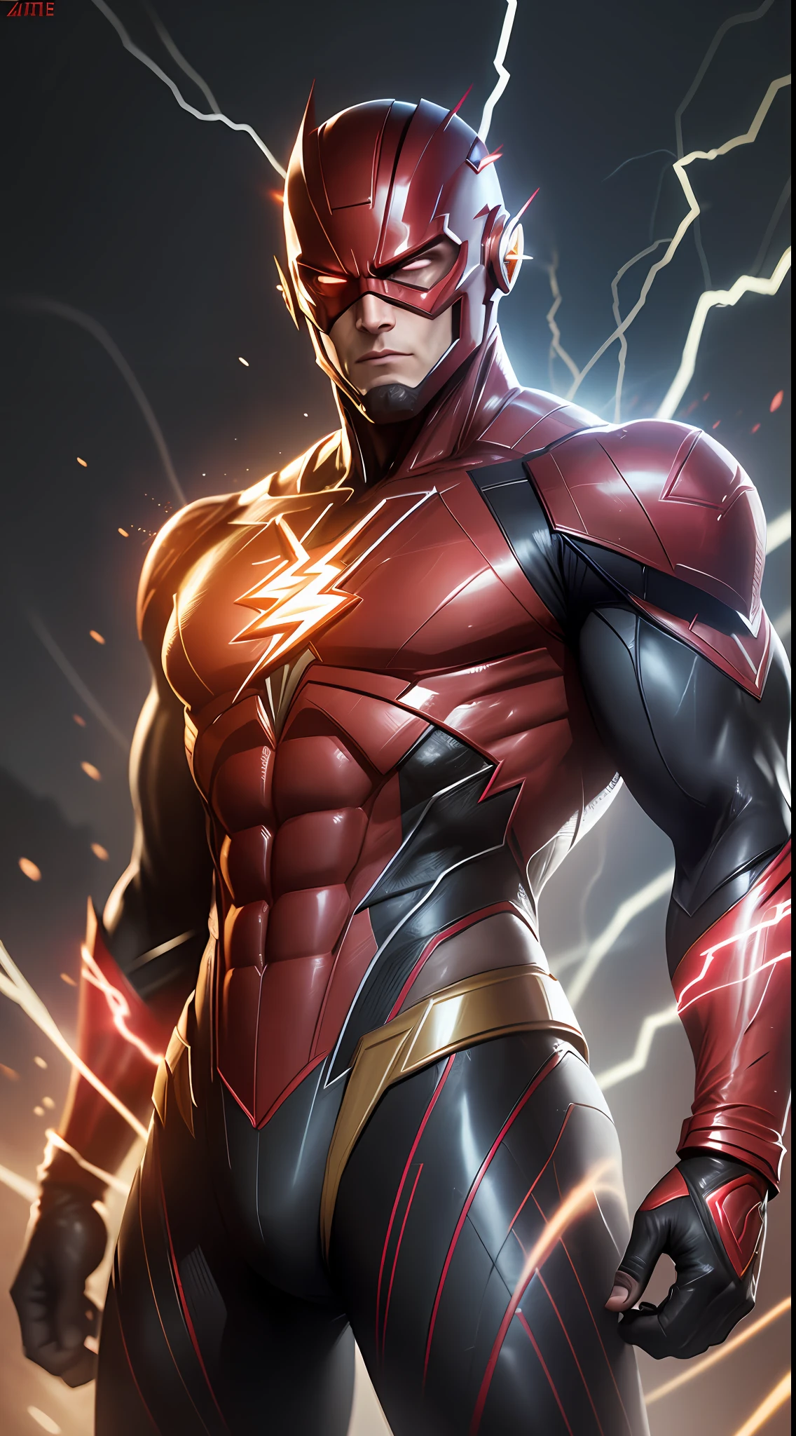 The Flash (Injustice 2), best quality, high resolution, tall, muscular, hunk, black and scarlet red neon suit, glowing yellow eyes, standing powerfully pose, yellow lightning trail, detailed face, detailed suit, ultra detailed, masterpiece, tunnle of light in the background, 4k, raw photo, volumetric lighting, low camera angle