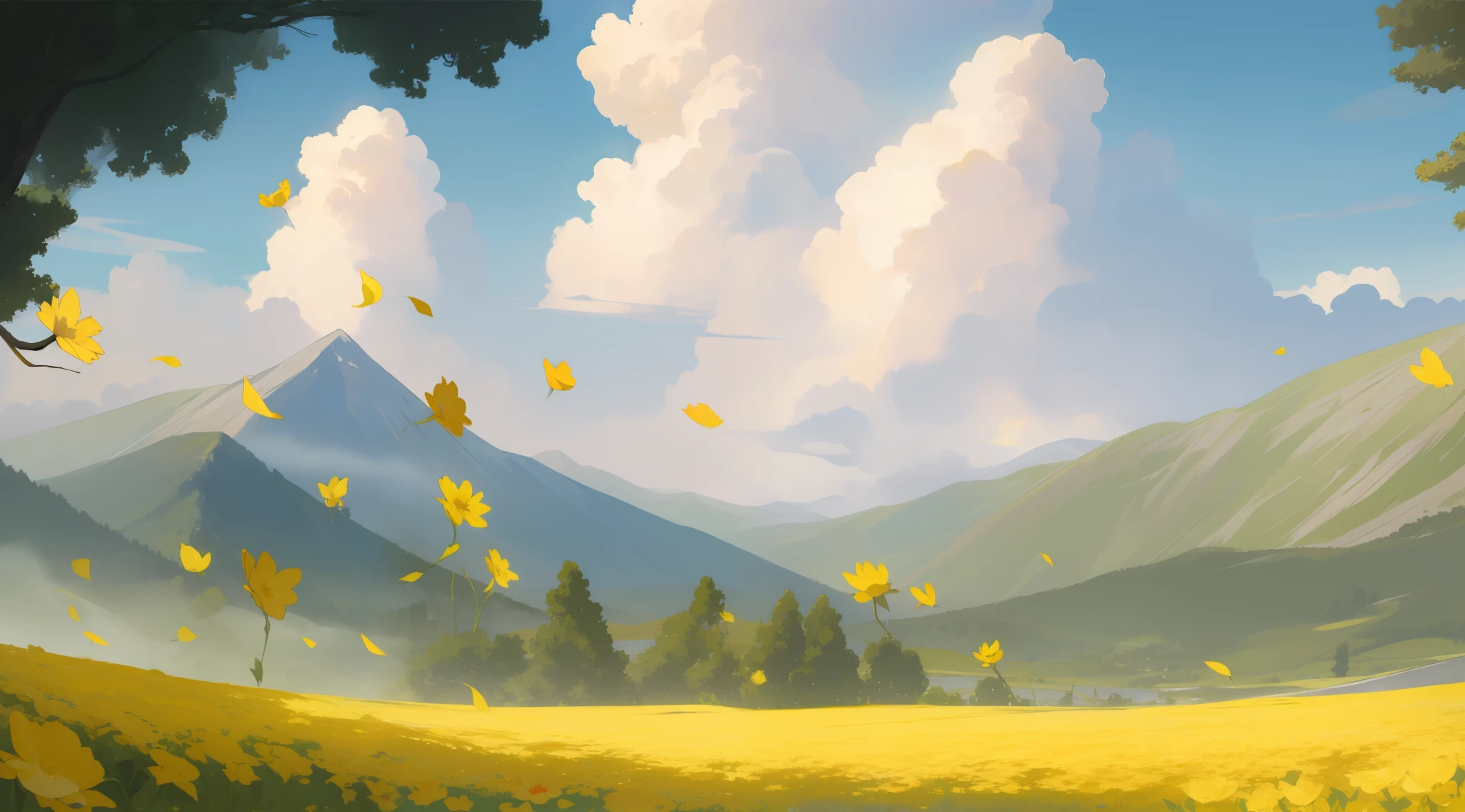 Masterpiece, best quality, high resolution, 8k, close up of yellow flower in foreground, yellow flower, tree, background mountains, clouds, anime background,
